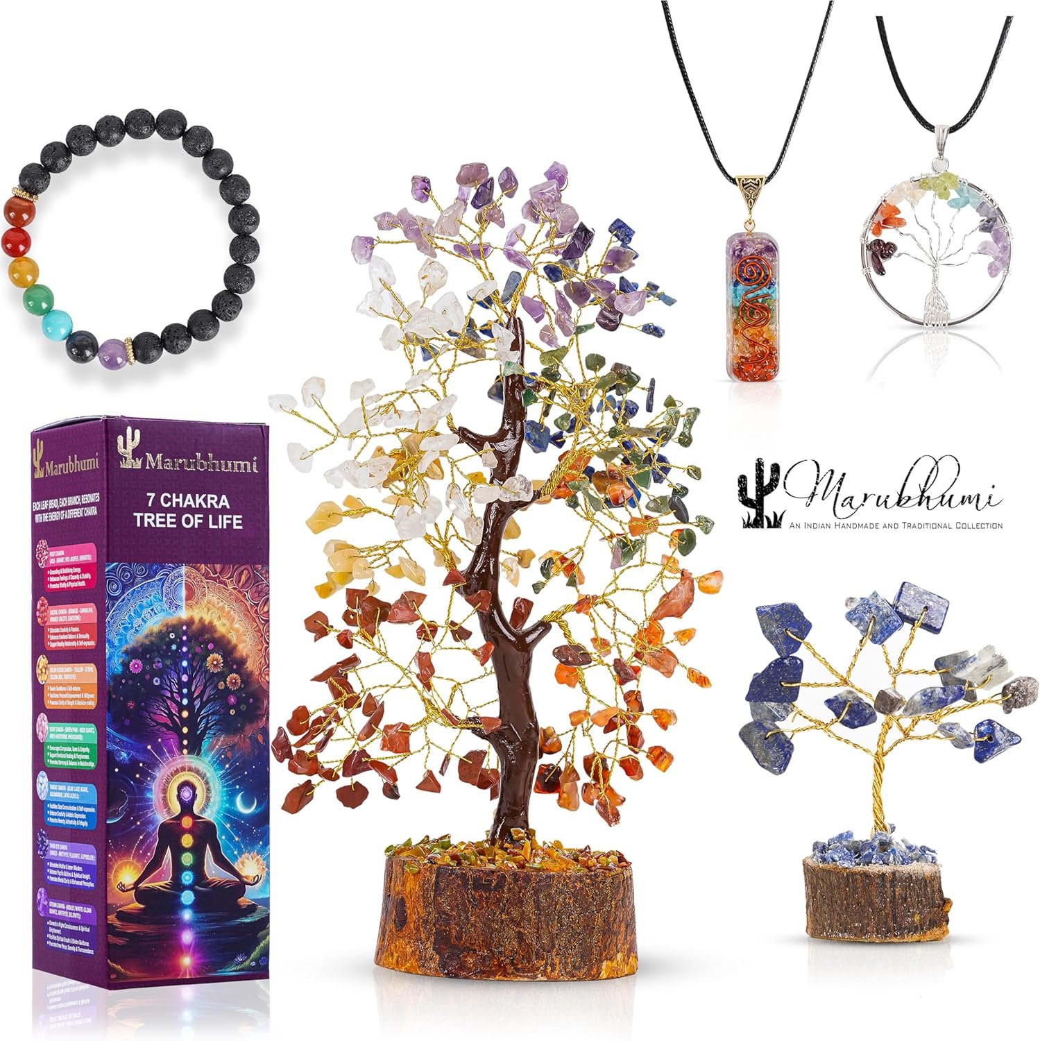 Chakra Healing Crystal Tree Kit with 7 Chakra Bracelet and 2 Pendant Necklace Handmade Bonsai Gemstones Trees for Home Decor, Positive Energy, Money, Good Luck Birthday Gifts for Women, Mom