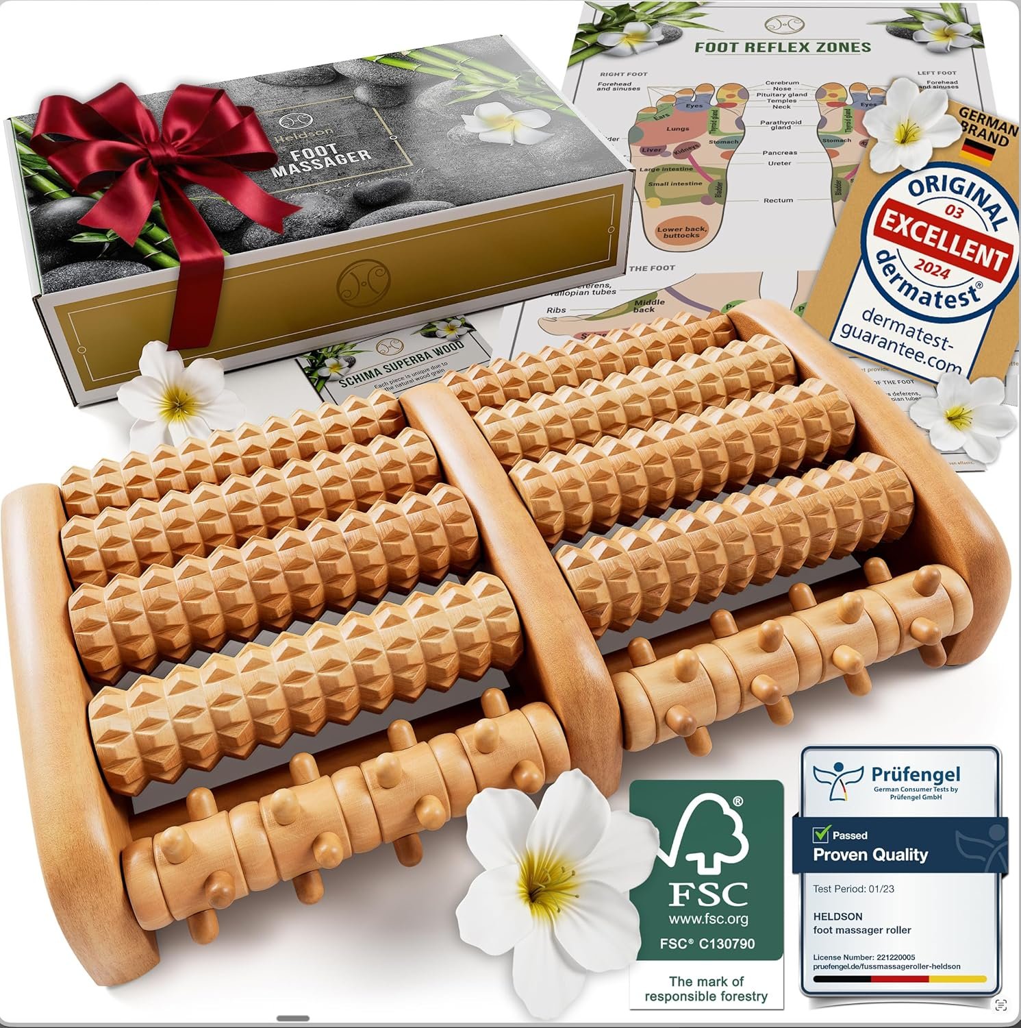 HELDSON® Foot Massager Roller Plantar Fasciitis Pain Relief – Wooden Under Desk Feet Massage – Dual Manual Heel Massagers – Wood Rolling Acupressure Tool with Reflexology Guide – Gift for Men, Women