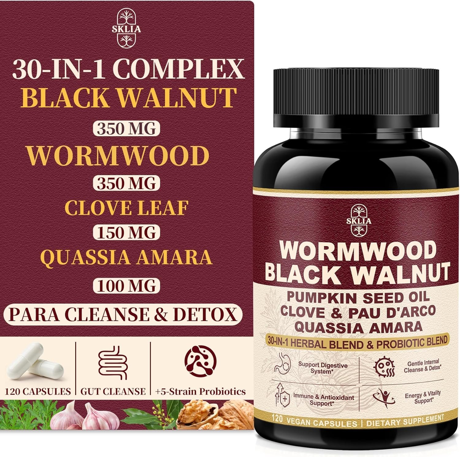 30-in-1 Wormwood Black Walnut Cleanse Capsules – Advanced Detox for Adults – Natural Gut Cleanse with Soursop, Pumpkin Seed, PAU D’Arco, Probiotic Blend, Oregano & Garlic – Vegan 120CT, 99% Absorption