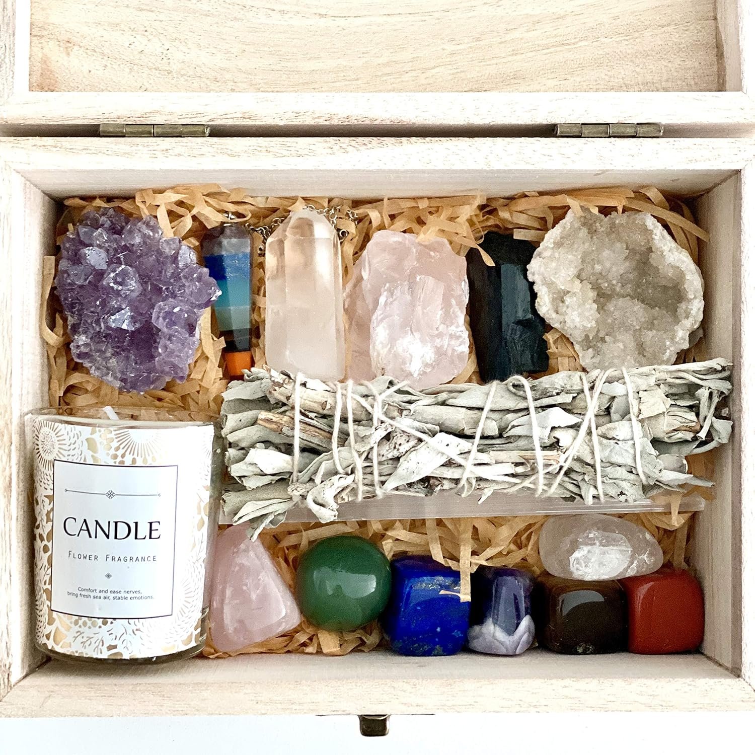 Healing Crystals Kit – Chakra Stones Crystal Starter Set | Sage Smudge Kit and Relaxation Candle | Protection + Meditation with Wooden Reiki Box for Gifts