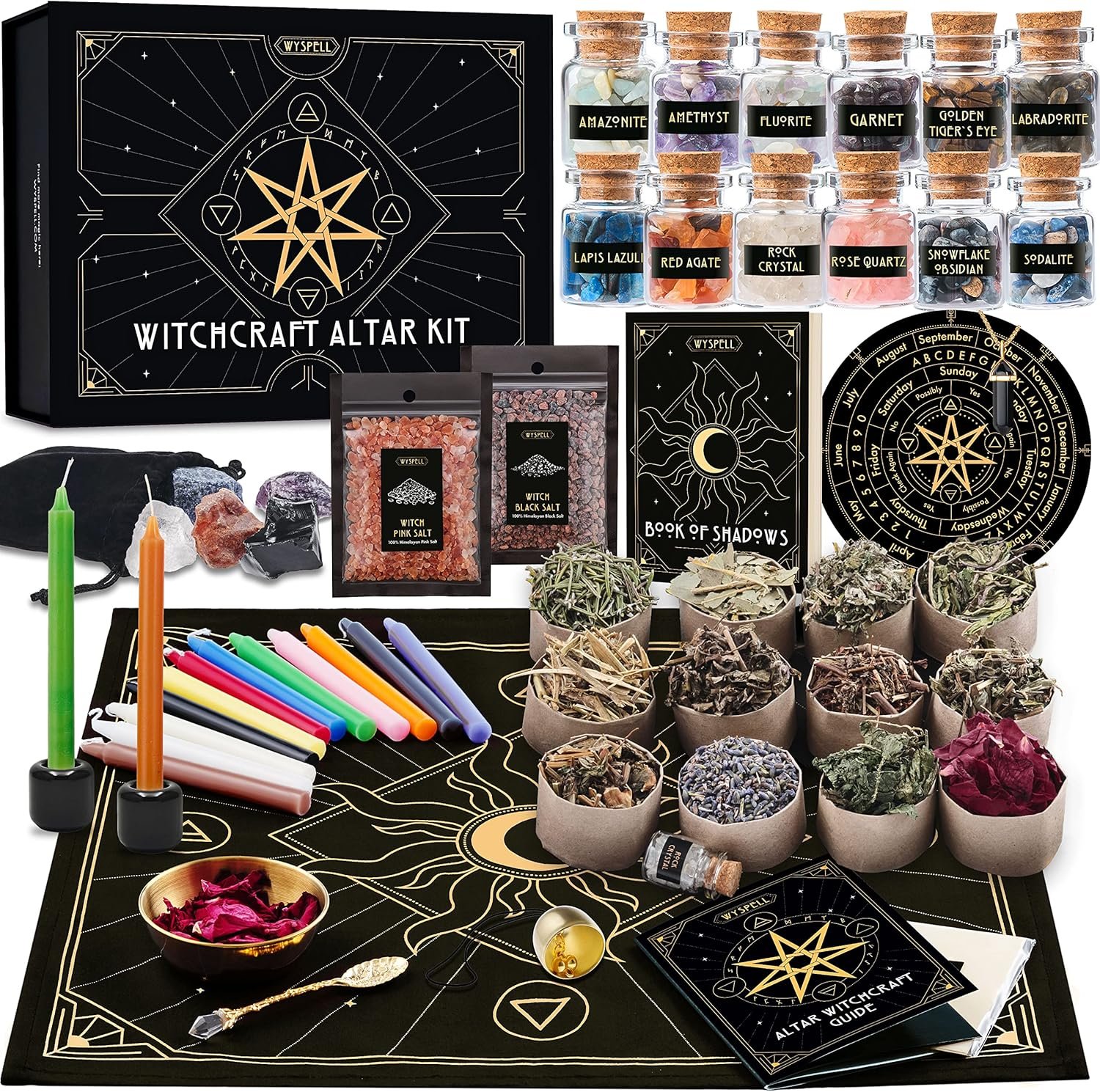 Wyspell Large Witchcraft Kit 77 PCS – Witch Altar Spell Set – Wiccan Supplies & Tools – Witchy Gifts for Beginners: Spell Candles, Dried Herbs, Crystals, Stones, Cloth, Pendulum, Bowl & Spoon
