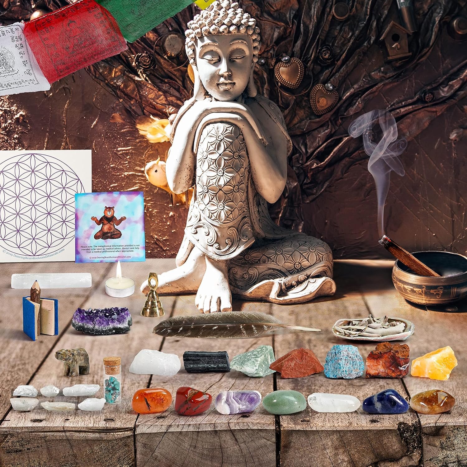 DANCING BEAR Deluxe Healing Crystals (35 Pc Set) Altar & Meditation Kit, Chakra Balance Stones, Abalone Shell & Sage, Smudge Feather, Real Turquoise, Spirit Animal, Bell, Prayer Flag, Made in USA