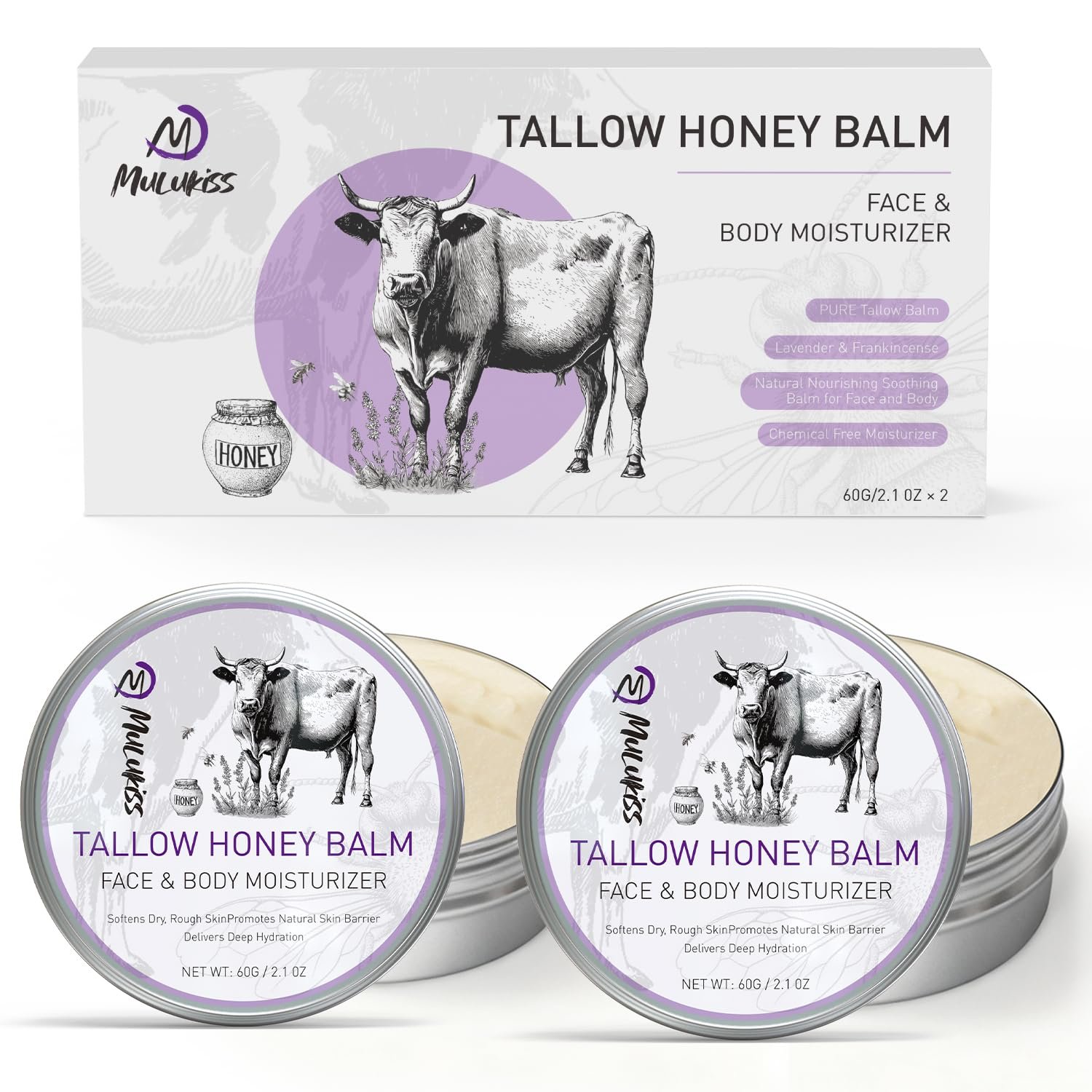 Beef Tallow for Skin – 2 Pcs Tallow and Honey Balm with Lavender Essential Oil, Beef Tallow for Face & Natural Tallow Face Moisturizer, Grass-Fed Tallow and Raw Honey Balm, Nourishing Hydrating Balm