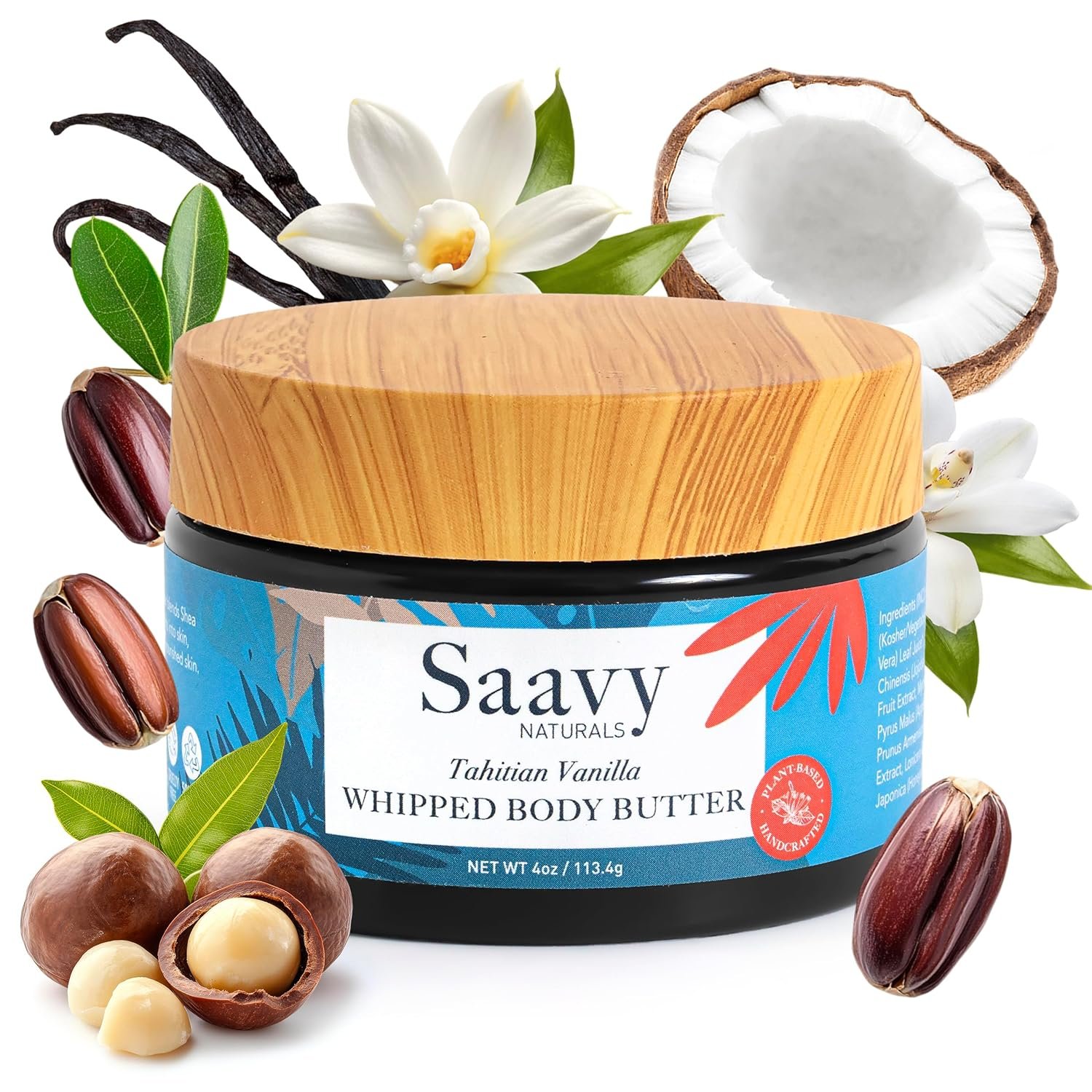 Saavy Naturals Whipped Body Butter – Made with Organic Shea Butter, Essential Body Care & Dry Skin Moisturizer for Women, Velvety Rich Cream Texture, Naturally Scented – Tahitian Vanilla, 4 oz