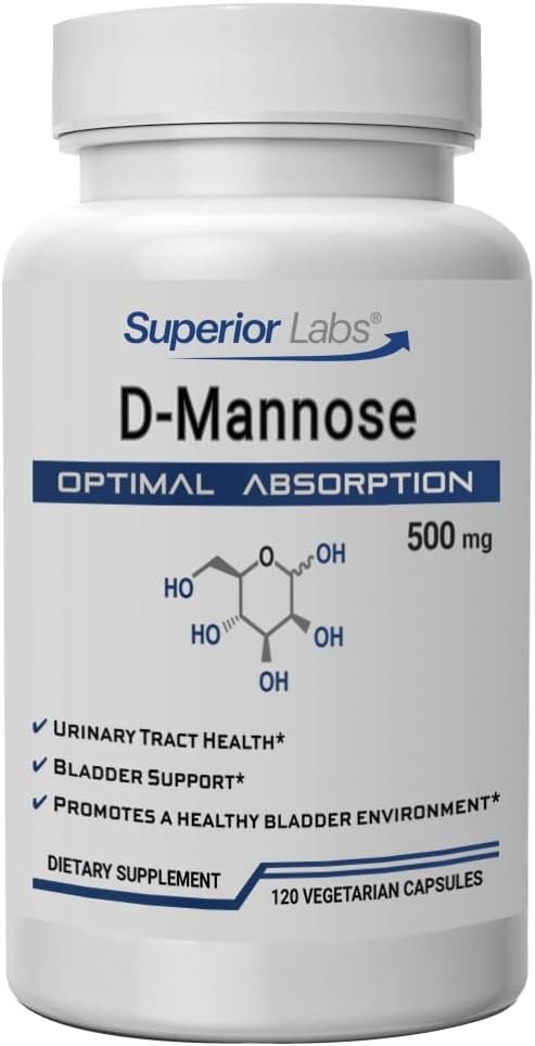 Superior Labs D-Mannose 500 mg, Pure Non-GMO Optimal Absorption Prebiotic, Urinary Tract, Bladder & Kidney UTI Support, Digestive & Liver Health Aid, IC Relief for Women & Men, 120 Veg Caps