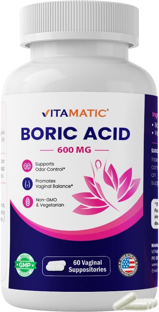 Vitamatic Boric Acid Vaginal Capsule Shell Suppositories 600 mg USP Grade Boric Acid in Vegetarian Capsule Shell – 60 Count