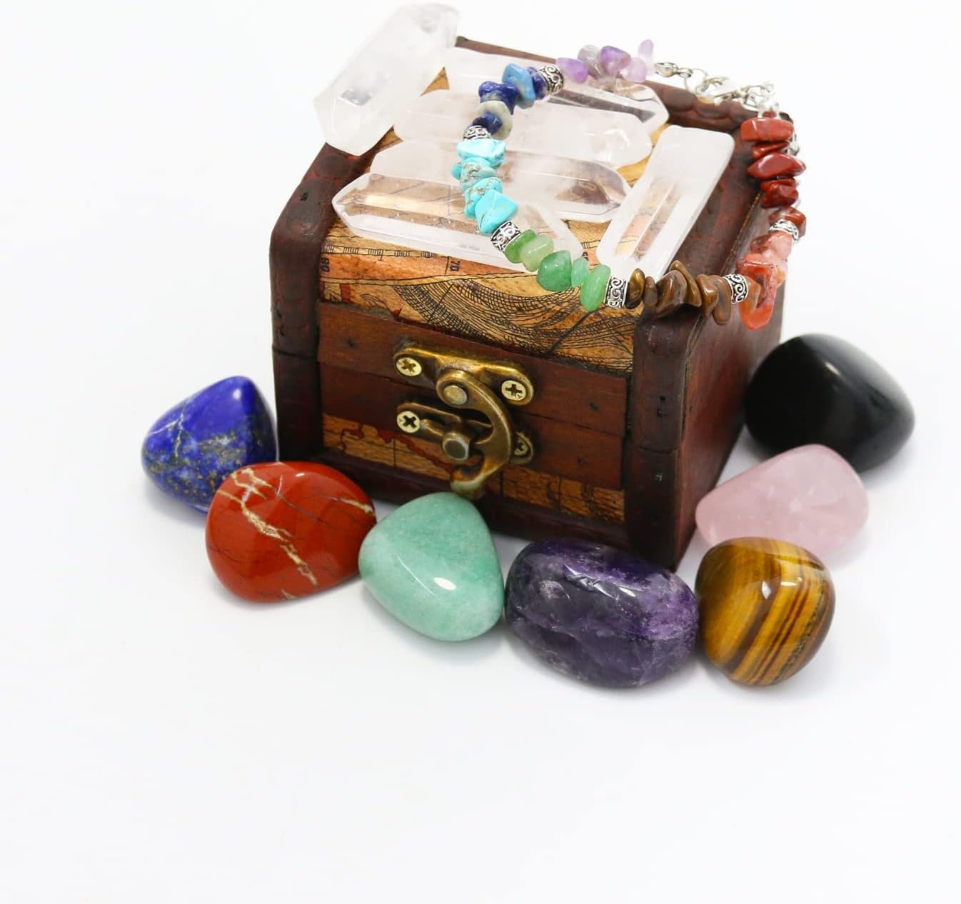 Crystals and Healing Stones Set in Wooden Display Box, 7 Chakra Stones