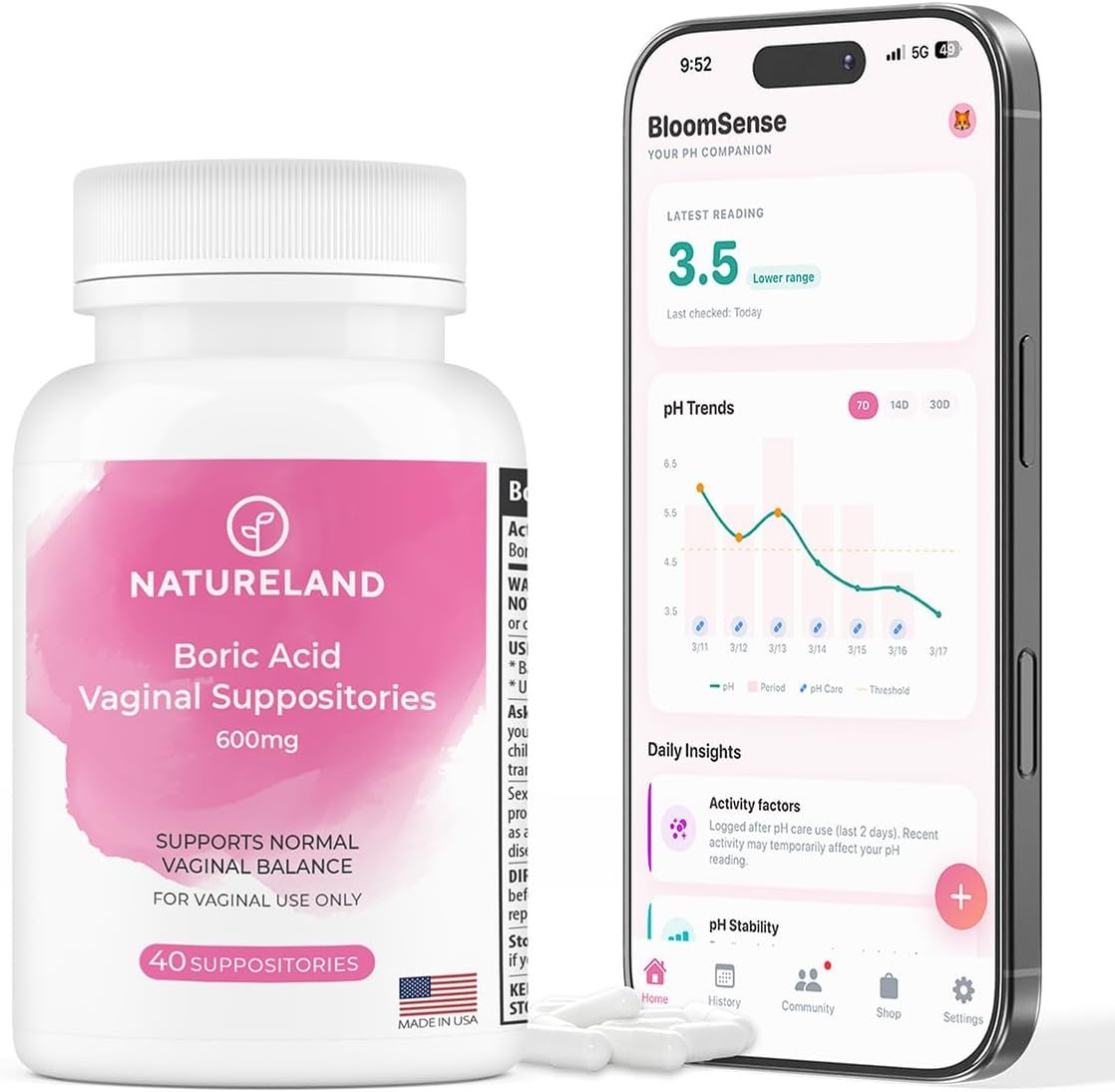 Natureland Boric Acid Suppositories for Women 600mg, Made in USA, 40 Count