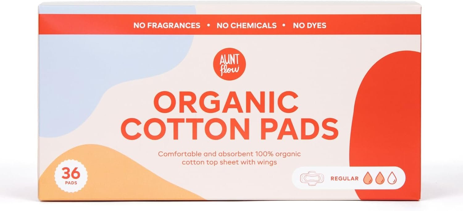 Aunt Flow Organic Cotton Pads with Wings – Regular Absorbency Menstrual Pads, Dioxin-Free, Hypoallergenic, 36 Count