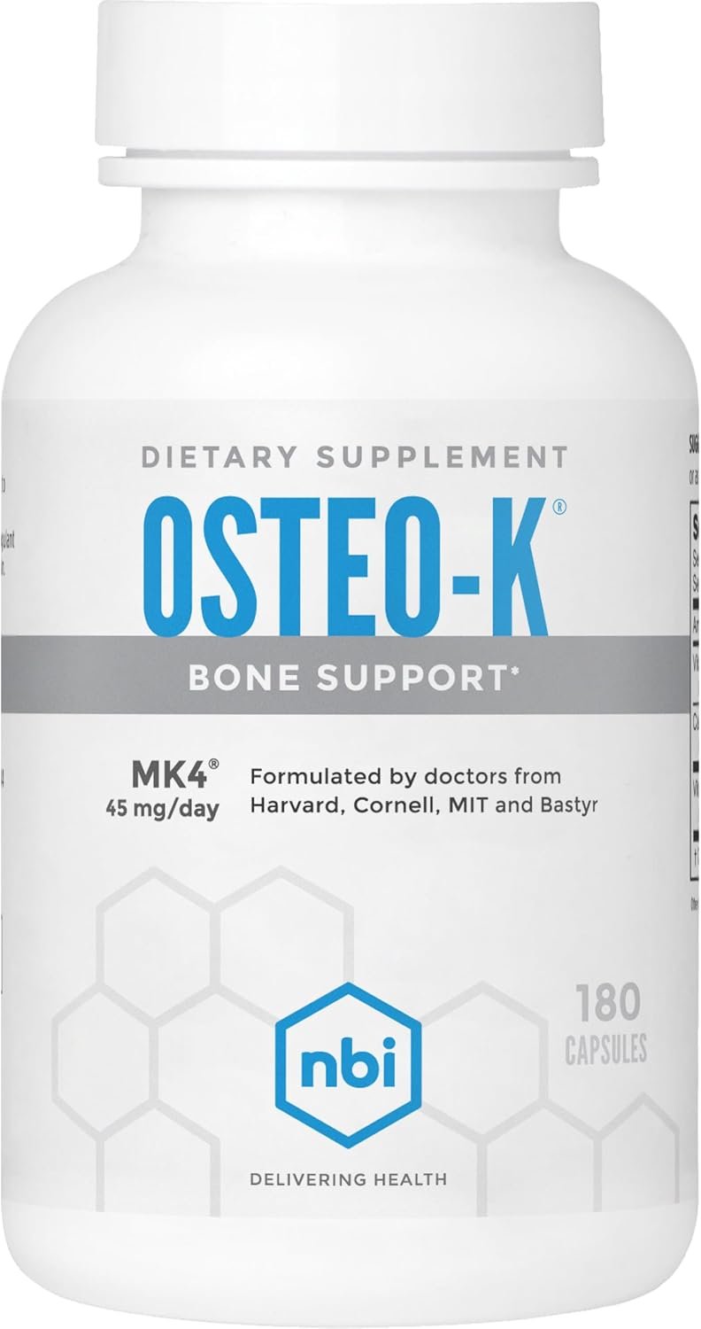 NBI Osteo-K Bone Support | Vitamin D & K Complex with Calcium Citrate Supplement | 45mg Vitamin K2 (MK4) for Strong Bone Health & Function | 180ct Veggie Capsules