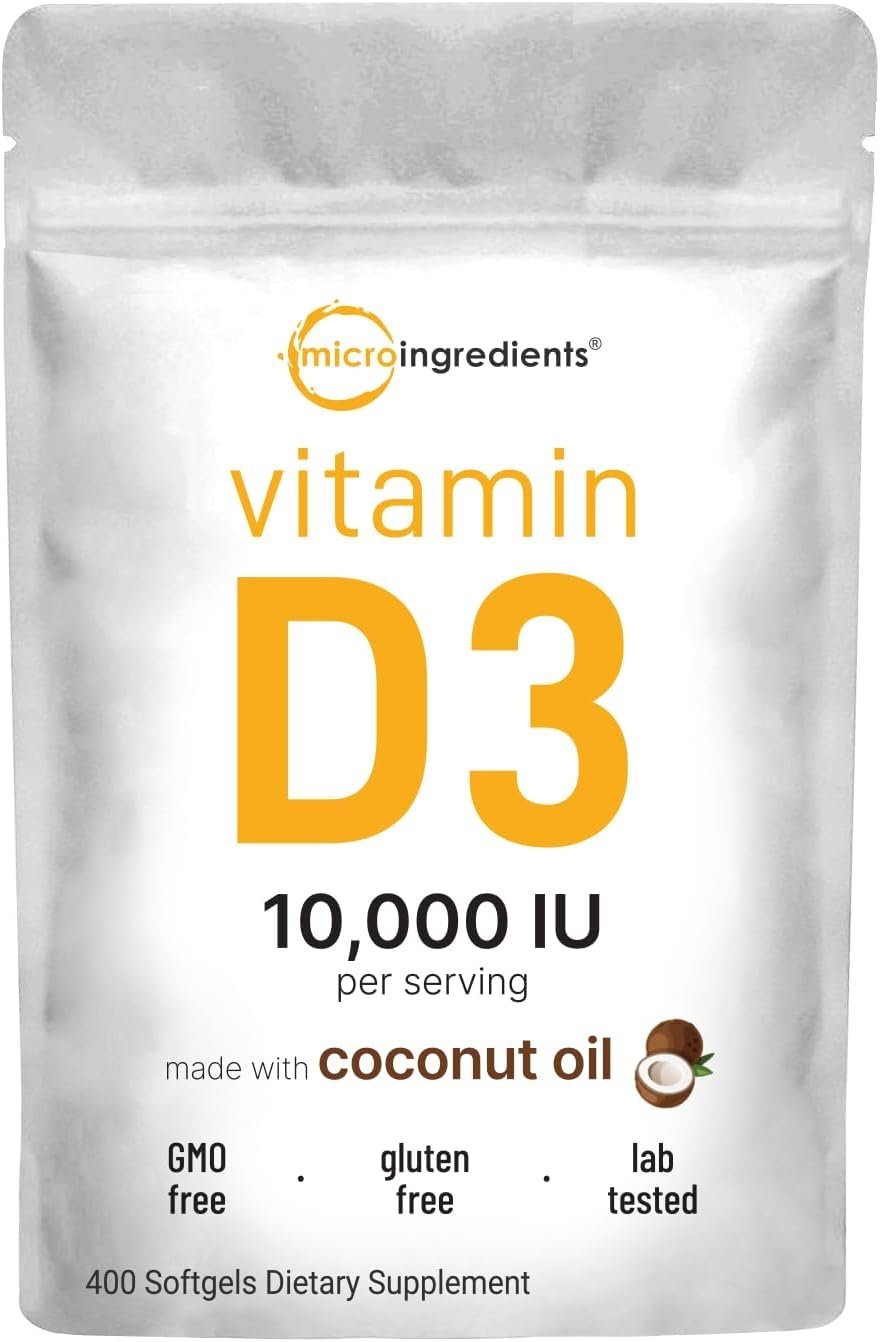 Micro Ingredients Vitamin D3 10,000 IU, 400 Softgels | Virgin Coconut Oil | Cholecalciferol Form | Bone, Immune & Heart Support | Easy to Swallow, Non-GMO