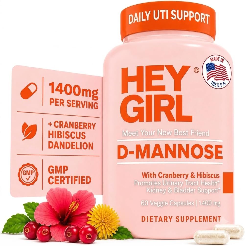 Hey Girl D Mannose Supplements for Women, D-Mannose 1000mg UTI Pills with Cranberry, Hibiscus & Dandelion – Urinary Tract Supplement, Bladder & Kidney Health, 60 Vegan Capsules