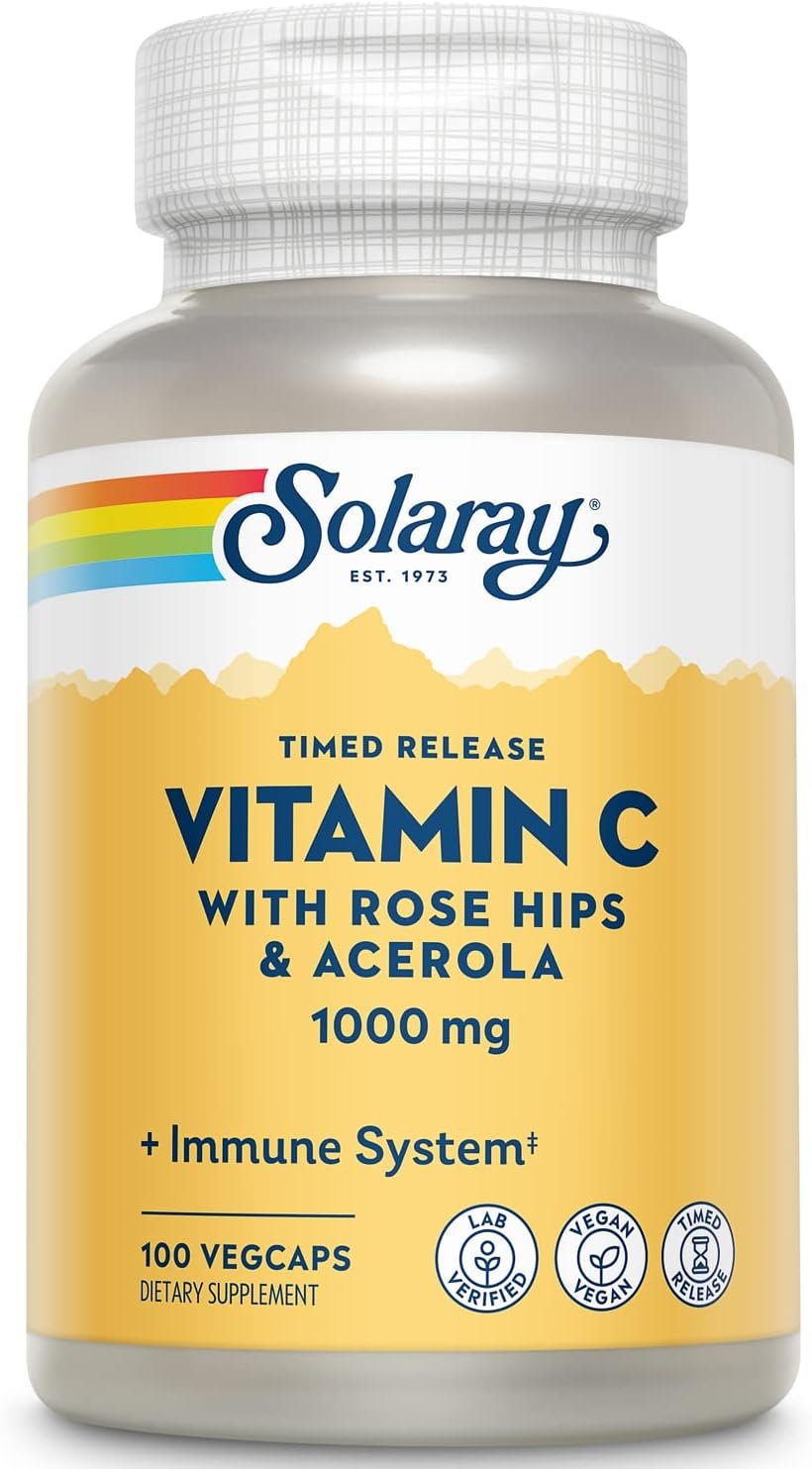 SOLARAY Vitamin C 1000mg – Time Release Vitamin C Capsules w/Rose HIPS and Acerola for Bioflavonoid Support – Two-Stage, All-Day Immune Support – Vegan, 60 Day Guarantee