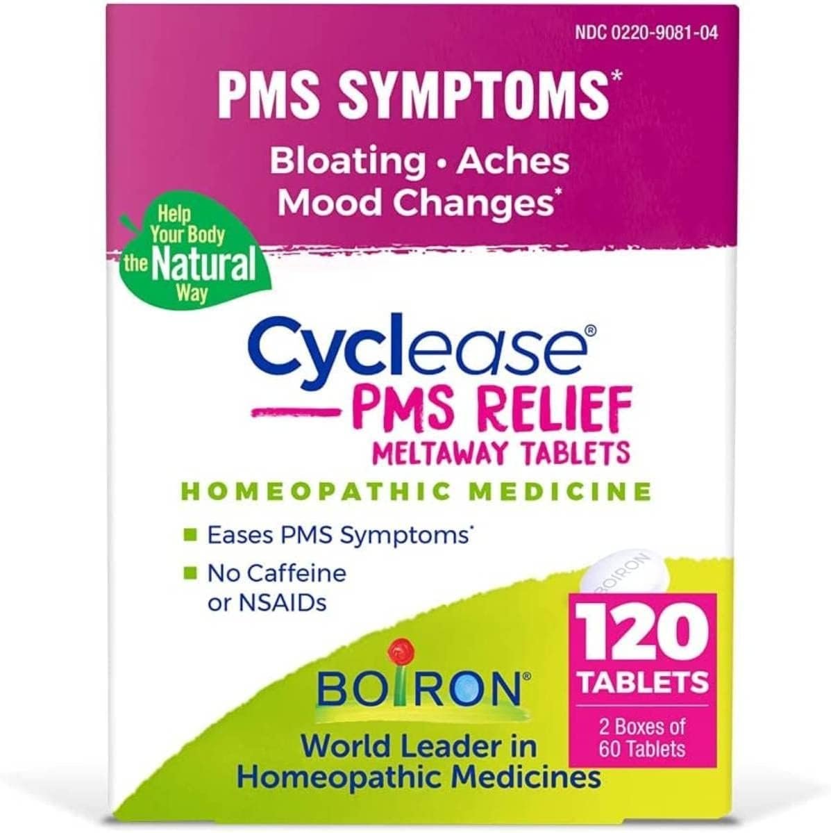 Boiron Cyclease PMS Relief Tablets for Symptoms from PMS of Bloating, Aches, Mood Swings, and Irritability – 120 Count (2 Pack of 60)