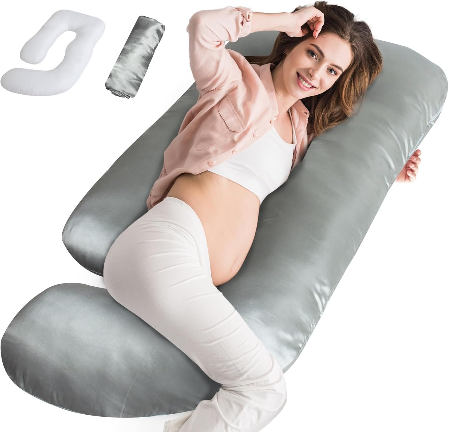 Silky Satin Pregnancy Pillows for Sleeping, Cooling Pregnancy Pillow, Grey