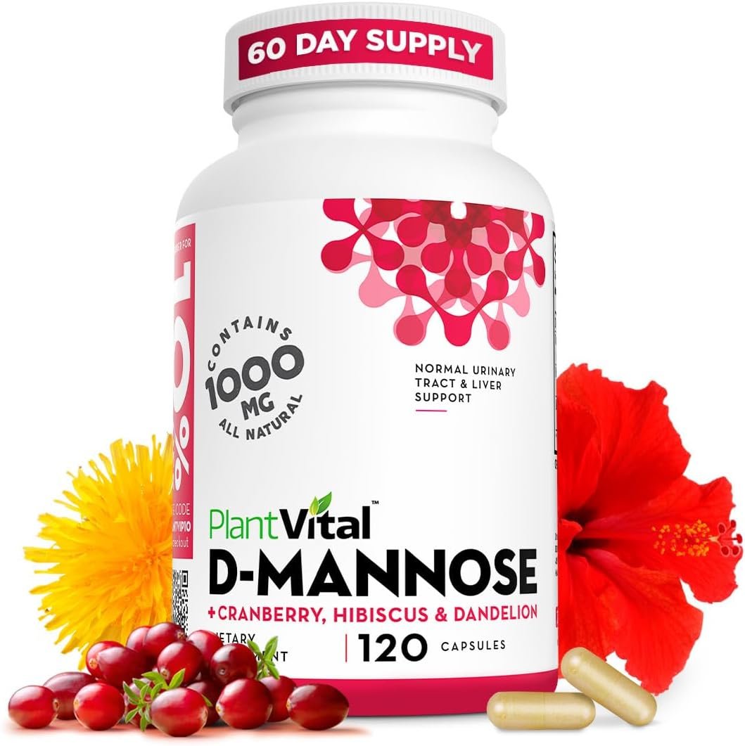 Plantvital D-Mannose Capsules 1000mg with Cranberry, Urinary Tract Support
