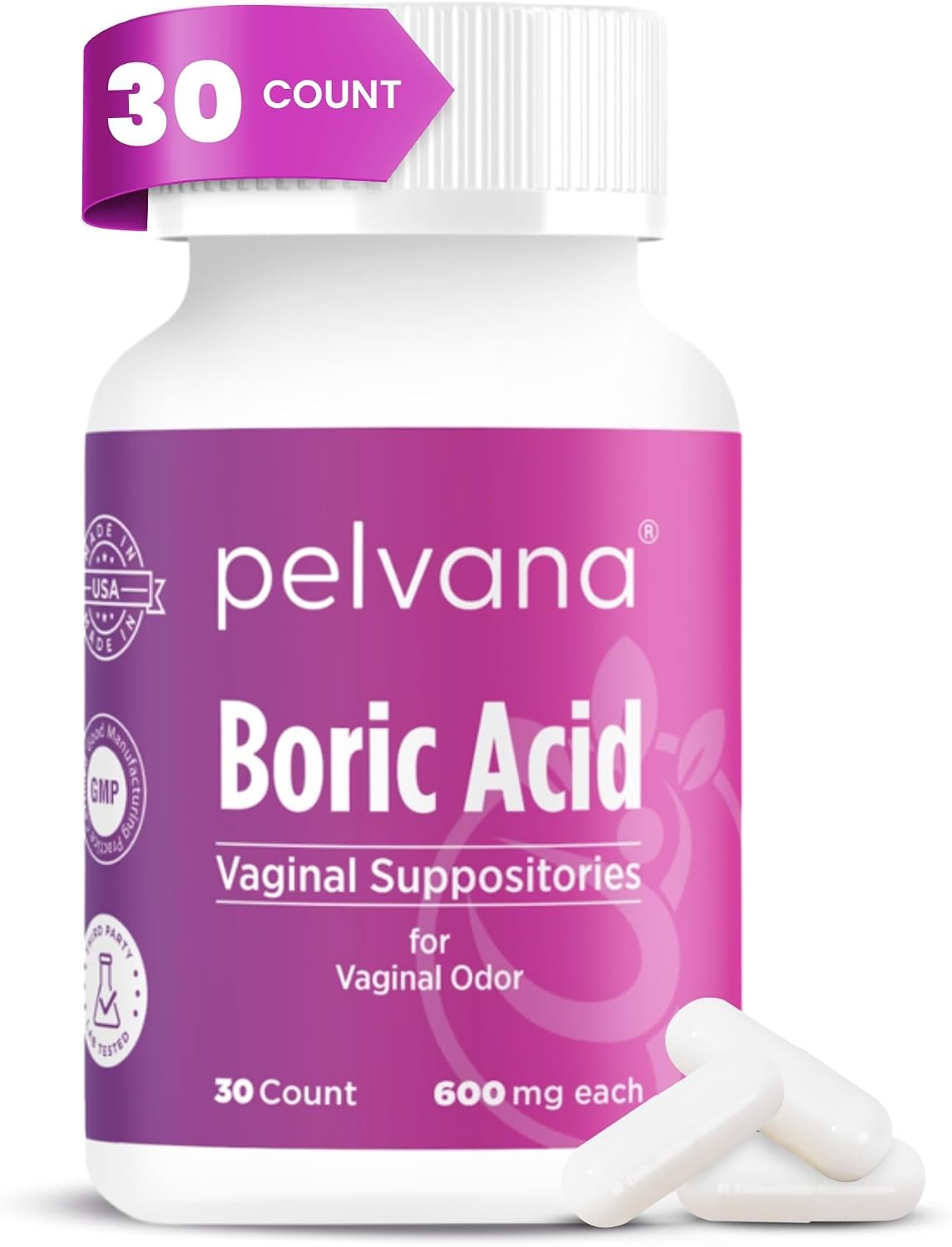 Pelvana Boric Acid Suppositories for Women (30) Capsules for Vaginal Odor