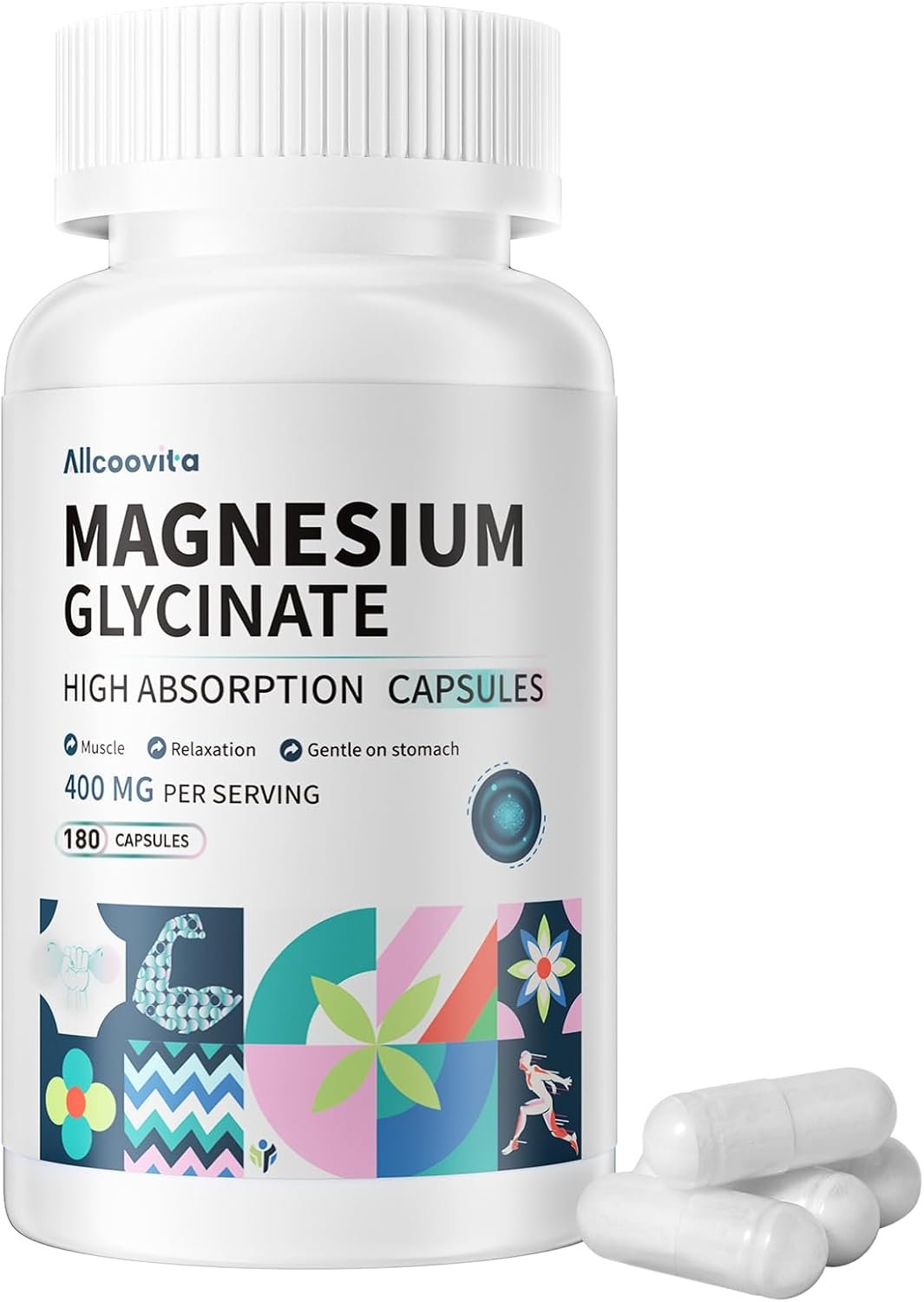Magnesium Glycinate 400 MG per Serving 100% Chelated for High Absorption, Gentle On Stomach, Non-GMO, 180 Vegetarian Capsules