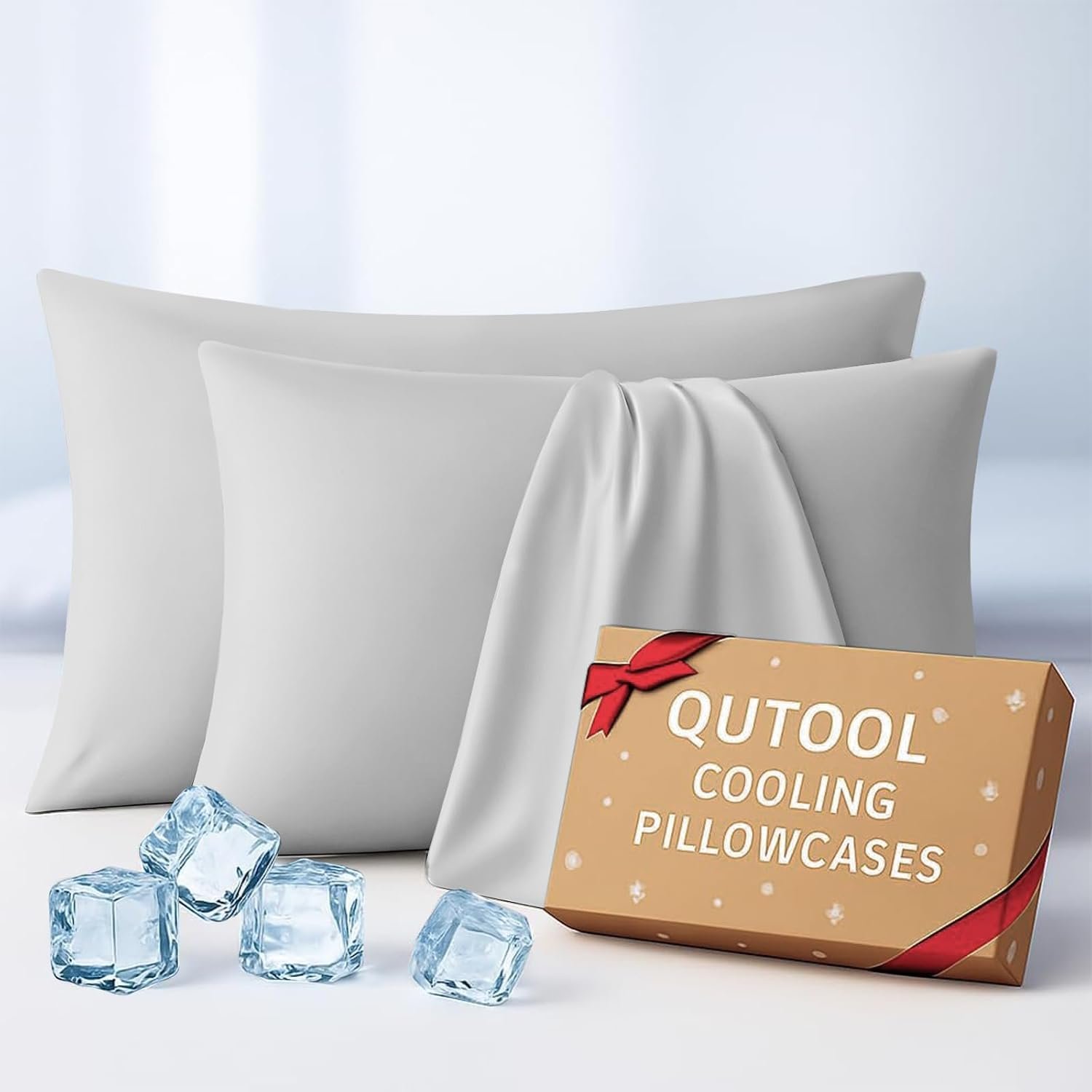 Luxury Cooling Pillowcases Queen Size 2 Pack, Q-Max>0.4 Cool Touch for Hot Sleepers&Night Sweats Beauty Sleep Anti-Frizz, Softer Than Silk Pillowcover Oeko-TEX Certified Light Gray