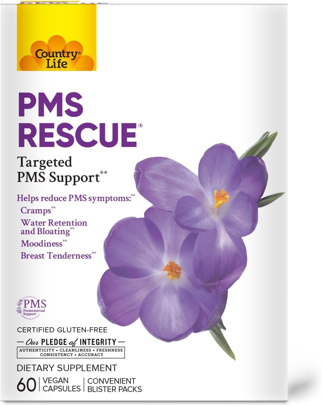 Country Life PMS Rescue PMS Support Supplement for Women, Menstrual Cycle Support, Helps Support Mood, Bloating & Cramps, Herbal & Nutrient Blend, Vegan Capsules, 60 Count