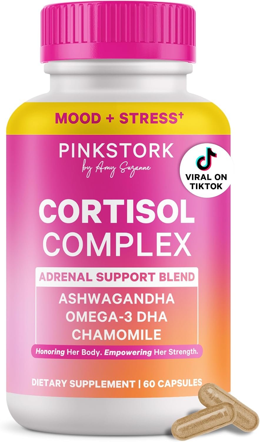 Pink Stork Cortisol Complex for Women, Ashwagandha, Non-Drowsy, 60 Capsules