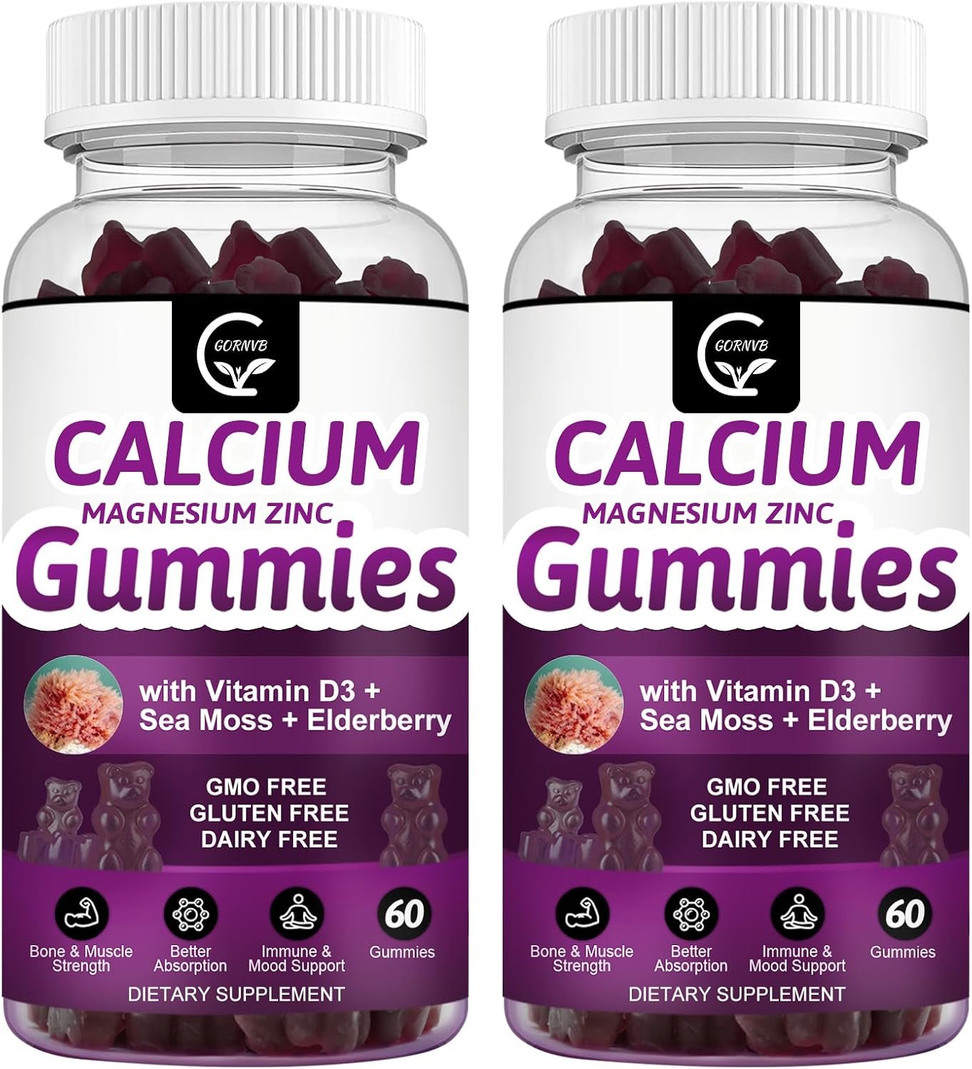 Calcium Magnesium Zinc Gummies with High Absorption Magnesium Glycinate 300mg, Potassium – Plant Complex Calcium Magnesium 2:1 Ratio, with D3 Sea Moss for Bone, Immune & Sleep Support, Vegan-2 Pack