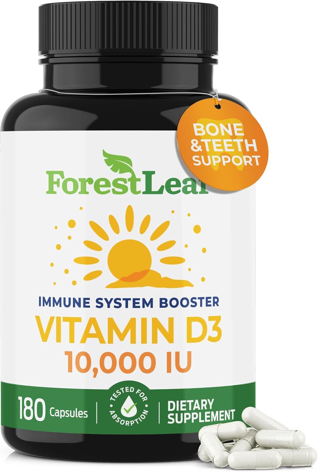 ForestLeaf Vitamin D3 10,000 IU | VIT D – VIT D3 Vitamin D Supplements for Women and Men | Bone Health, Teeth and Immune Support | Easy to Swallow Pills | High Potency Daily, 6-Month Supply, 180 Caps