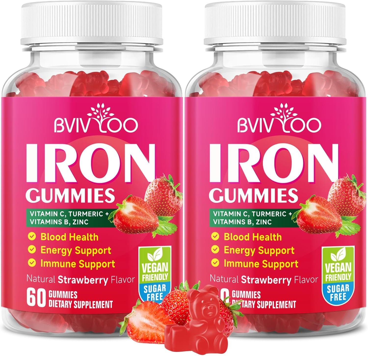 2 Pack Vegan Iron Gummies for Adults & Kids – with Vitamin C, A, B-Complex, Folate, Zinc, and Biotin – for Blood Building & Energy Support, 120 Gummies