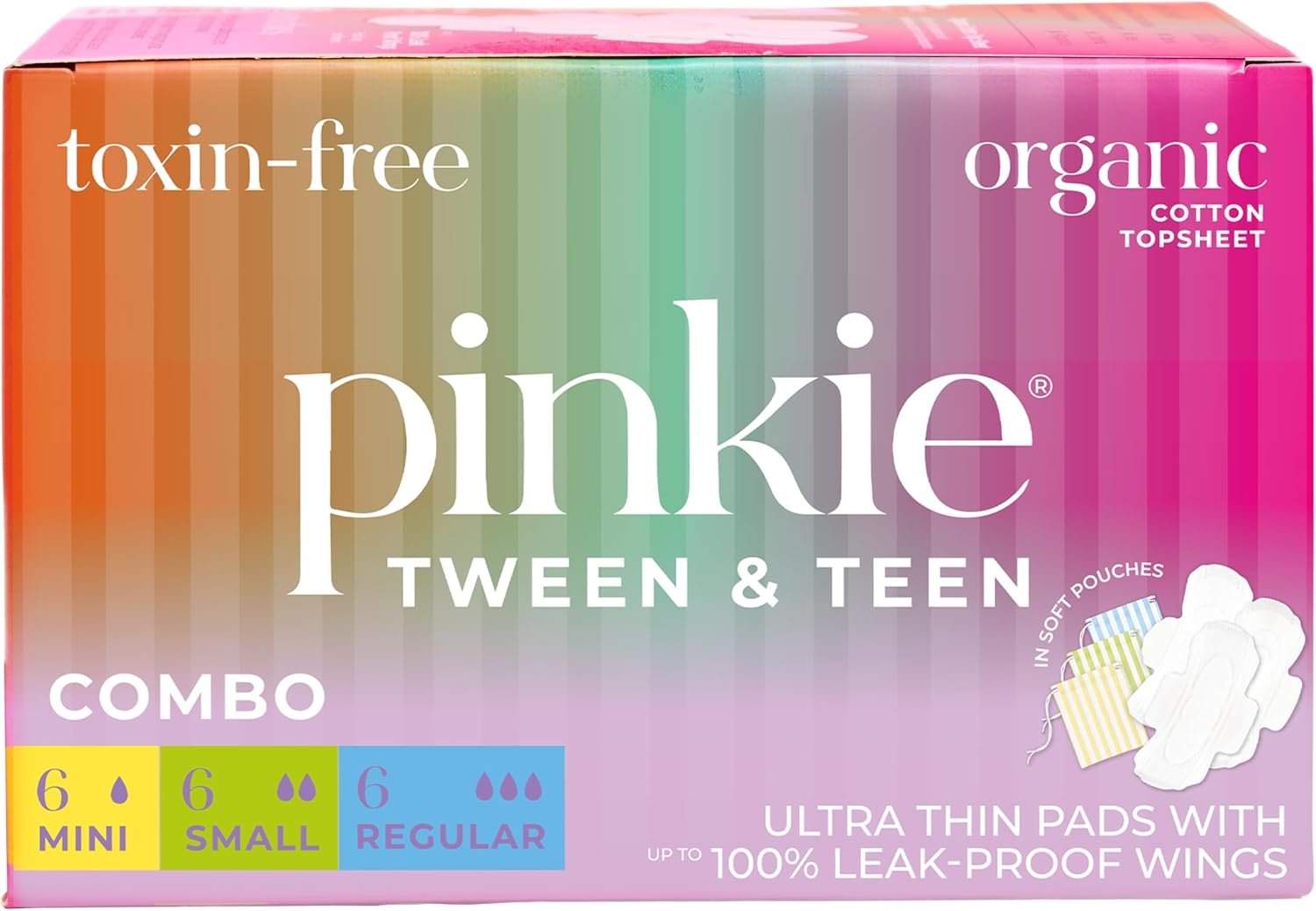 Pinkie Combo Pack Pads for Tweens & Teens, Organic Cotton Topsheet, 18 Ct