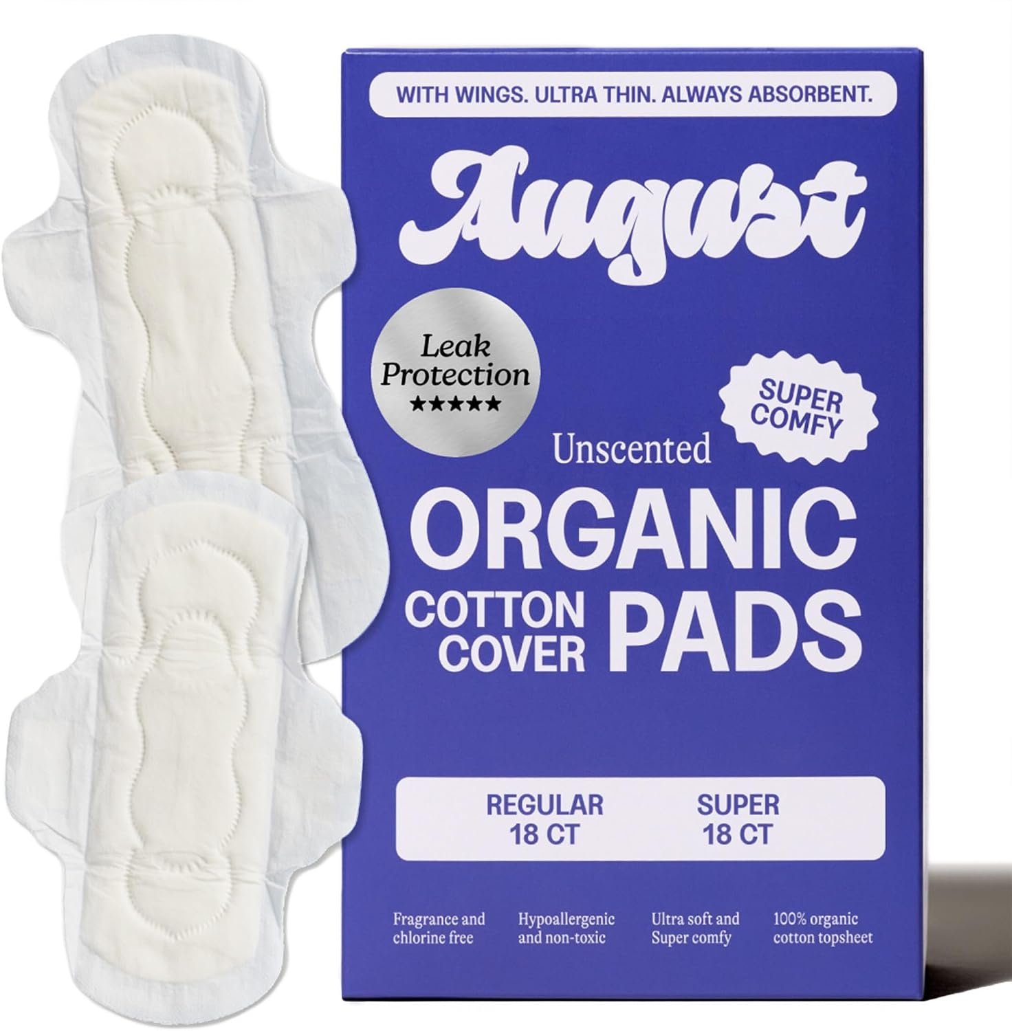August Organic Pads for Women, 36ct Regular & Super Organic Pads with Wings