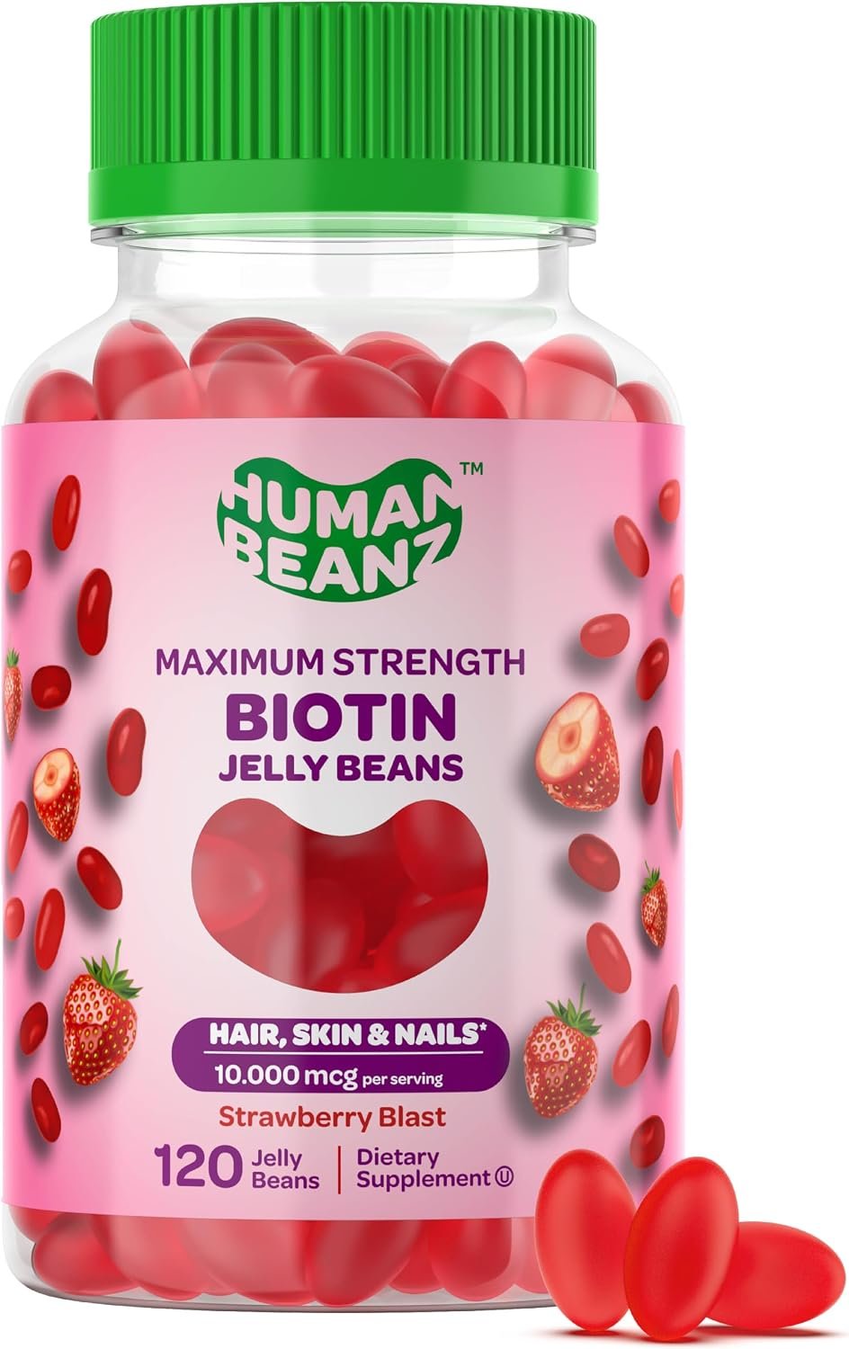 Human Beanz Biotin Jelly Bean Gummies 10,000mcg, Hair Skin Nails, 120 Ct