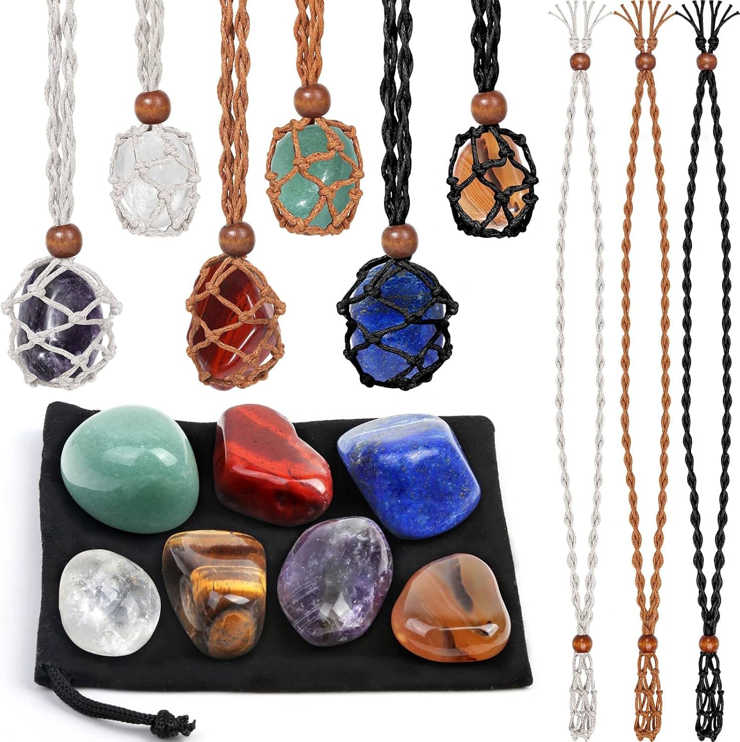 Evatage Macrame Crystal Necklace Holders and Healing Stones Set