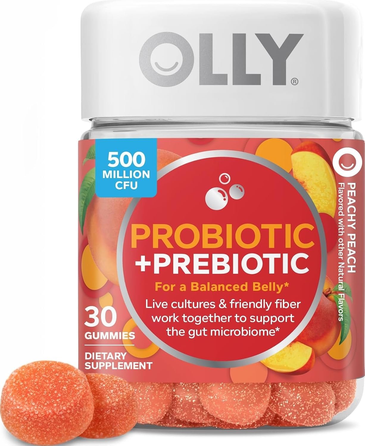 OLLY Probiotic + Prebiotic Gummy, 500 million CFUs, Peachy Peach – 30 Count