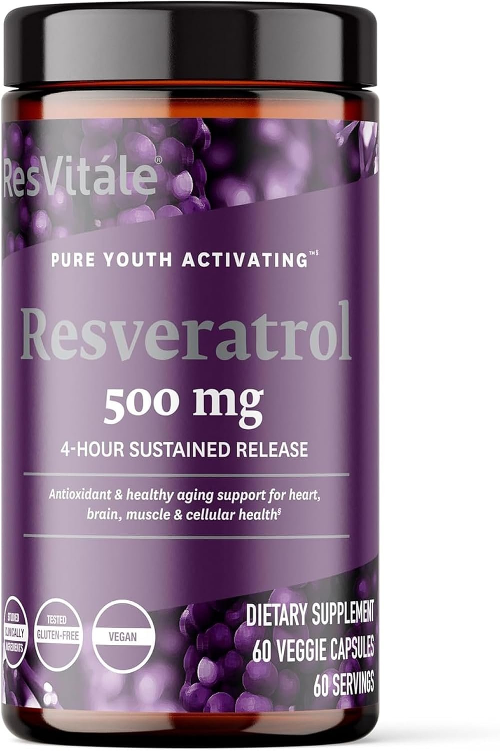 ResVitale Resveratrol 500 mg, Resveratrol Supplement, 60 Veggie Capsules