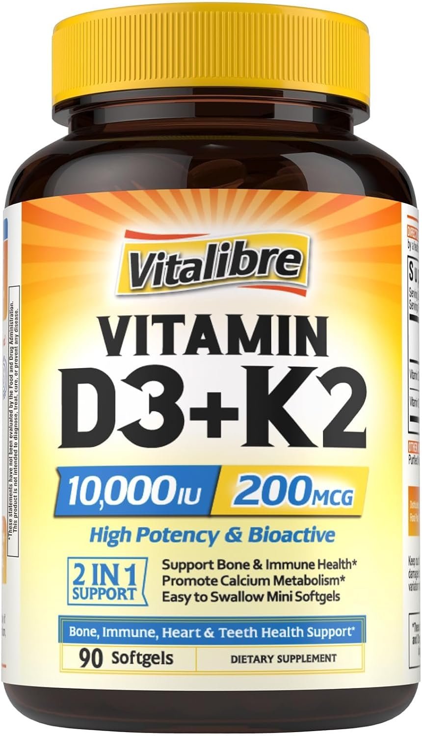 Vitalibre Vitamin D3 K2 Supplement, Vitamin D3 10000 IU & 200 mcg K2 MK7
