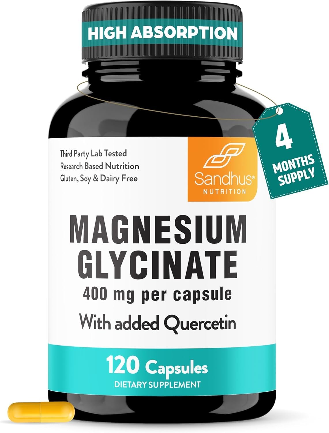 Magnesium Glycinate 400mg Capsules with Quercetin for Men & Women 120 Count