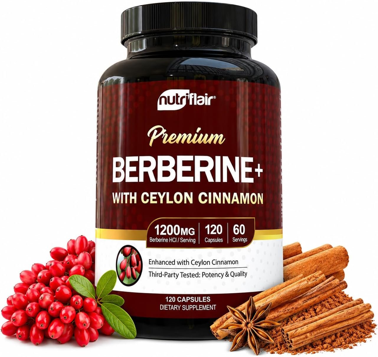 NutriFlair Berberine HCl 1200mg, 120 Capsules – Plus Ceylon Cinnamon, Berberine HCI Root Supplements Pills – Made in USA