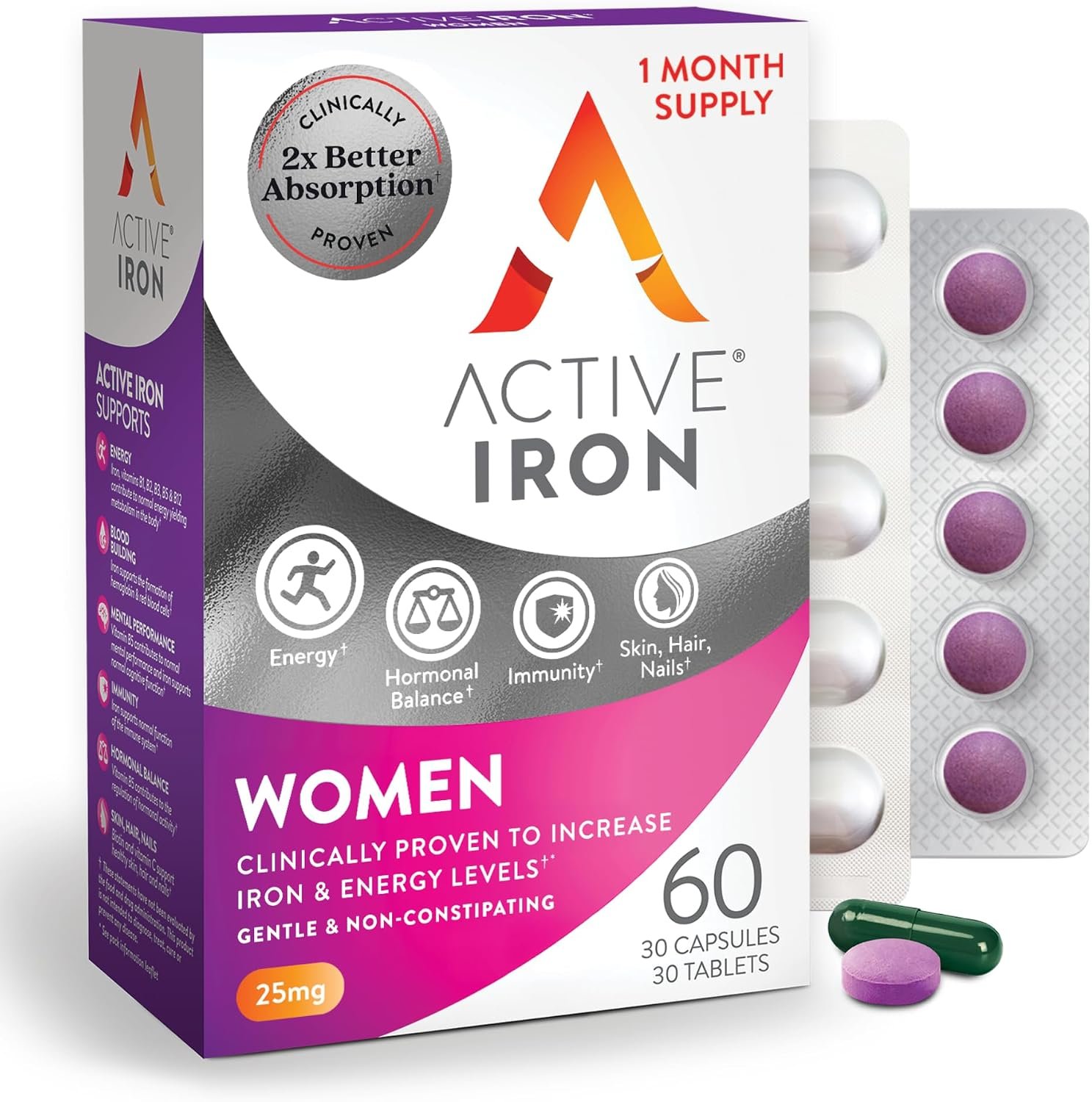 Active Iron Supplement  25mg + Multivitamin for Women, Gentle on Stomach