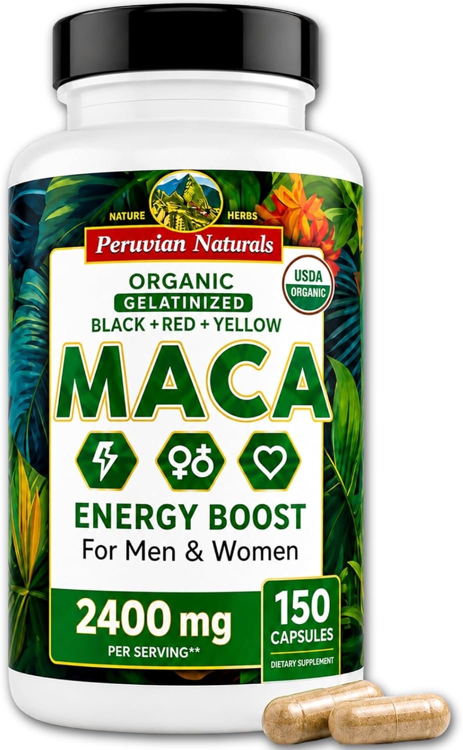 Organic Maca Root Capsules for Women & Men 2400mg per Serving – 150 Pills Black, Red, Yellow Maca Supplement – Gelatinized Macaroot, Non-GMO, Vegan by Peruvian Naturals