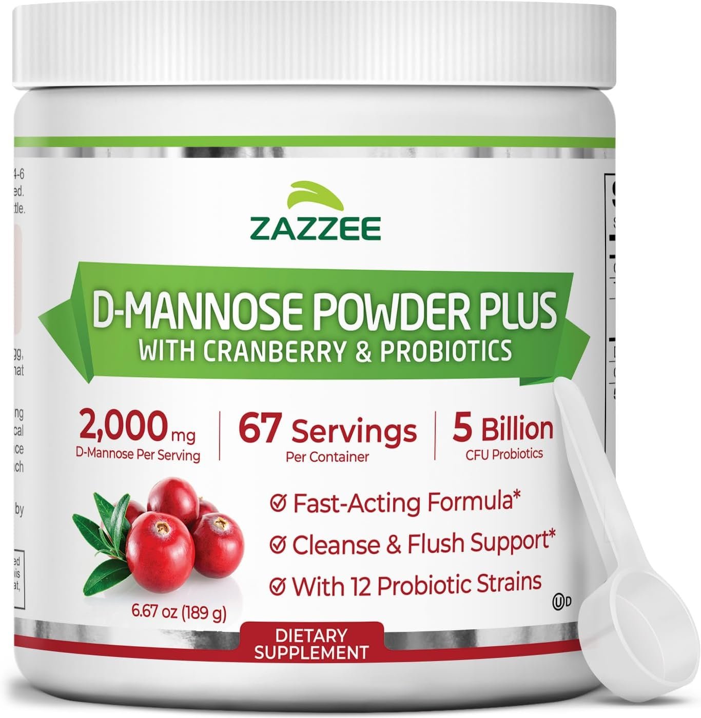 Zazzee D-Mannose Powder Plus, 2000 mg, 67 Servings, Free Scoop, Made in USA