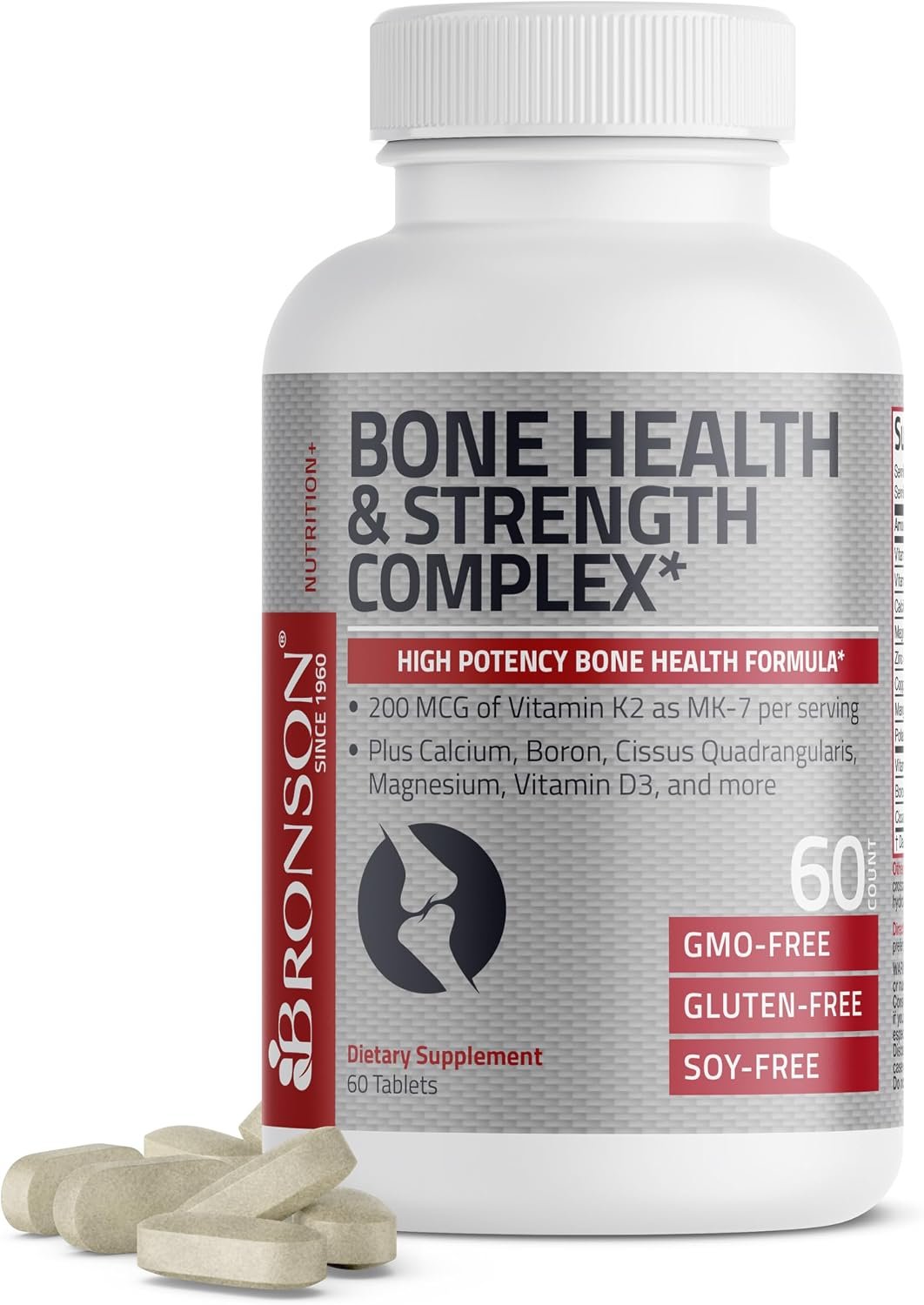 Bronson Bone Health & Strength Complex* High Potency Formula 200 MCG of Vitamin K2 as MK7, Plus Calcium, Boron, Cissus Quadrangularis, Magnesium, Vitamin D3, and More – Non-GMO, 60 Tablets