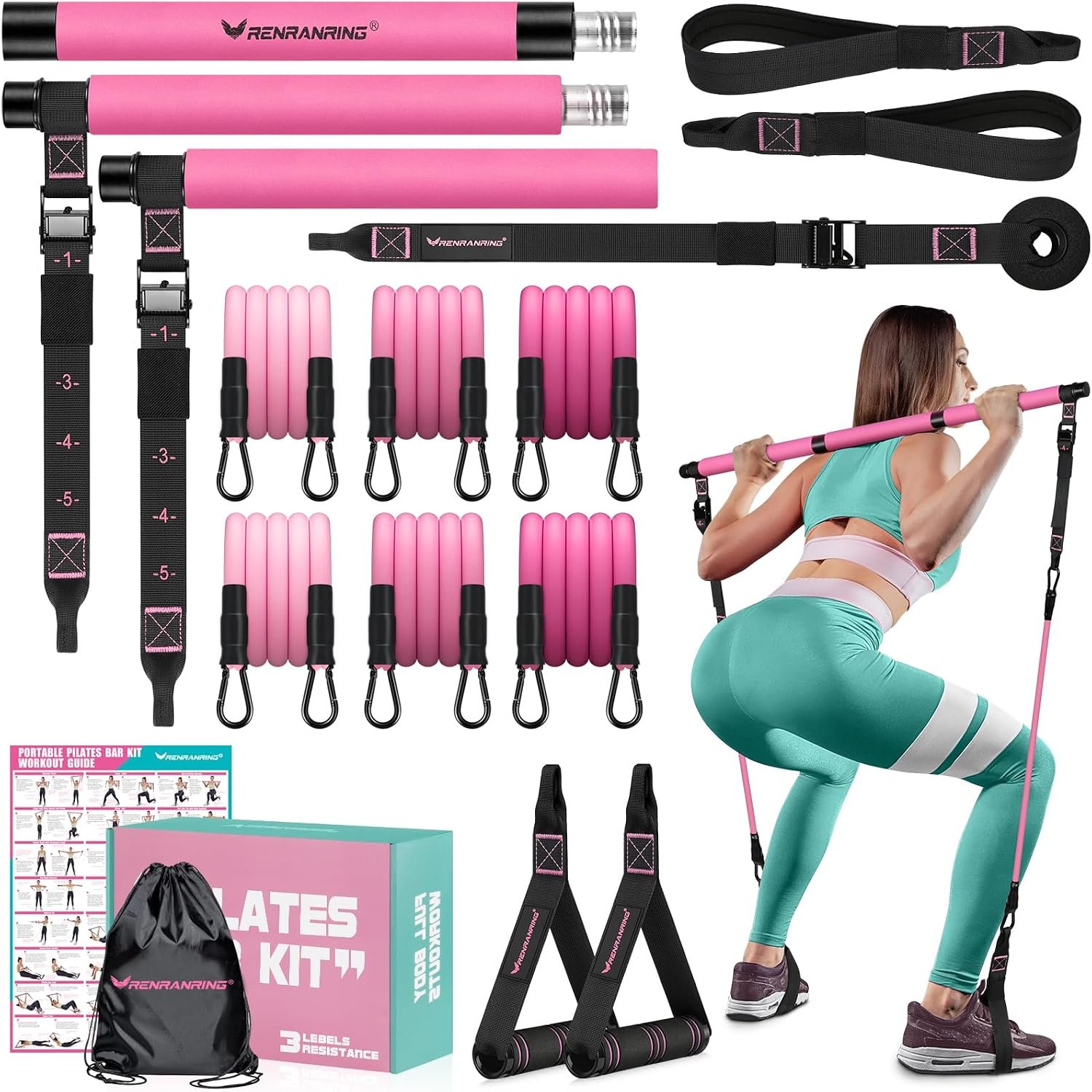 Pilates Bar Kit with 6 Latex Resistance Bands, Adjustable Exercise Bar