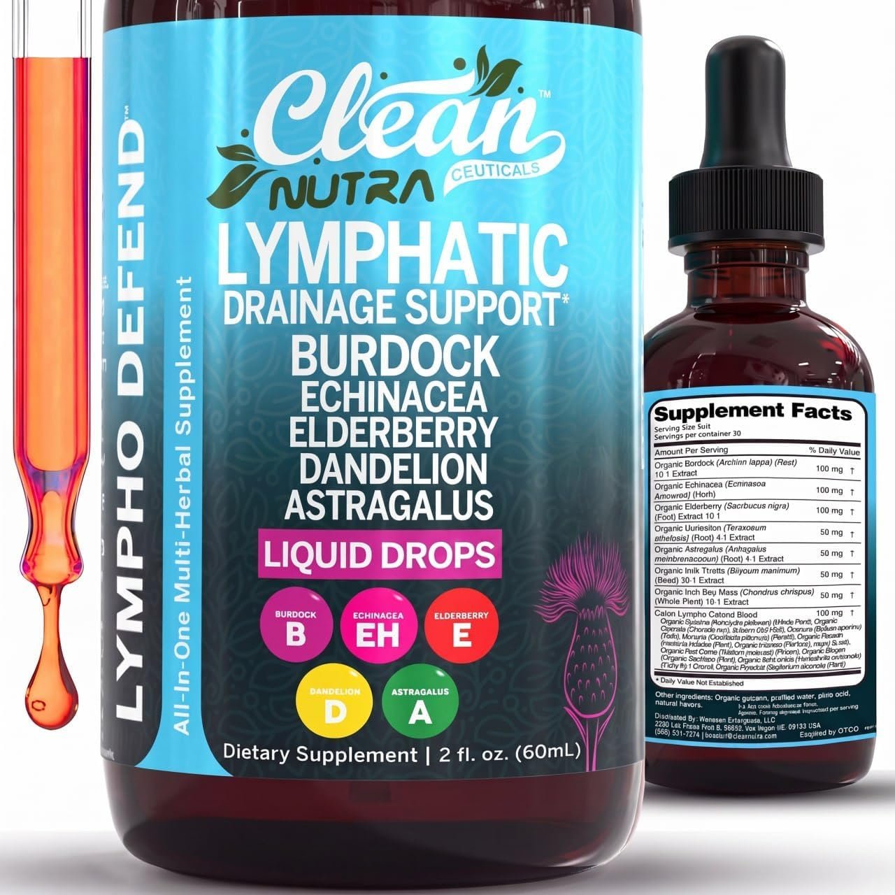 Lymphatic Drainage Drops – Organic Lymphatic Support Supplement with Burdock Root Echinacea Elderberry Dandelion Astragalus Milk Thistle Sea Moss Red Clover Marigold Drop by Clean Nutra