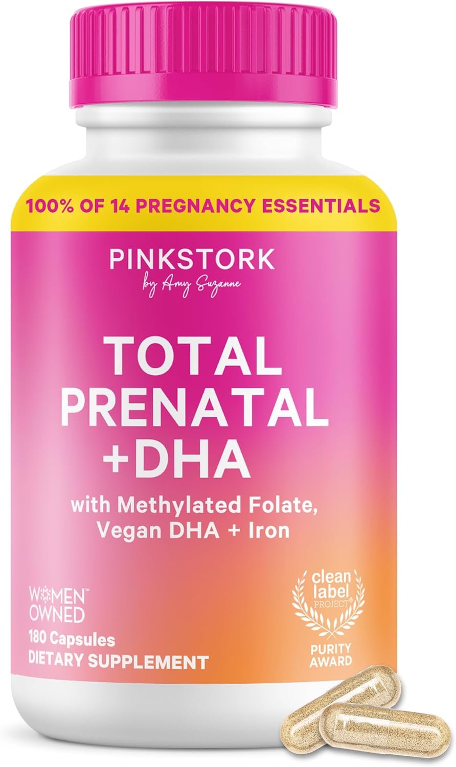 Pink Stork Total Prenatal + DHA, Vegan, No Fishy Burps, 180 Count
