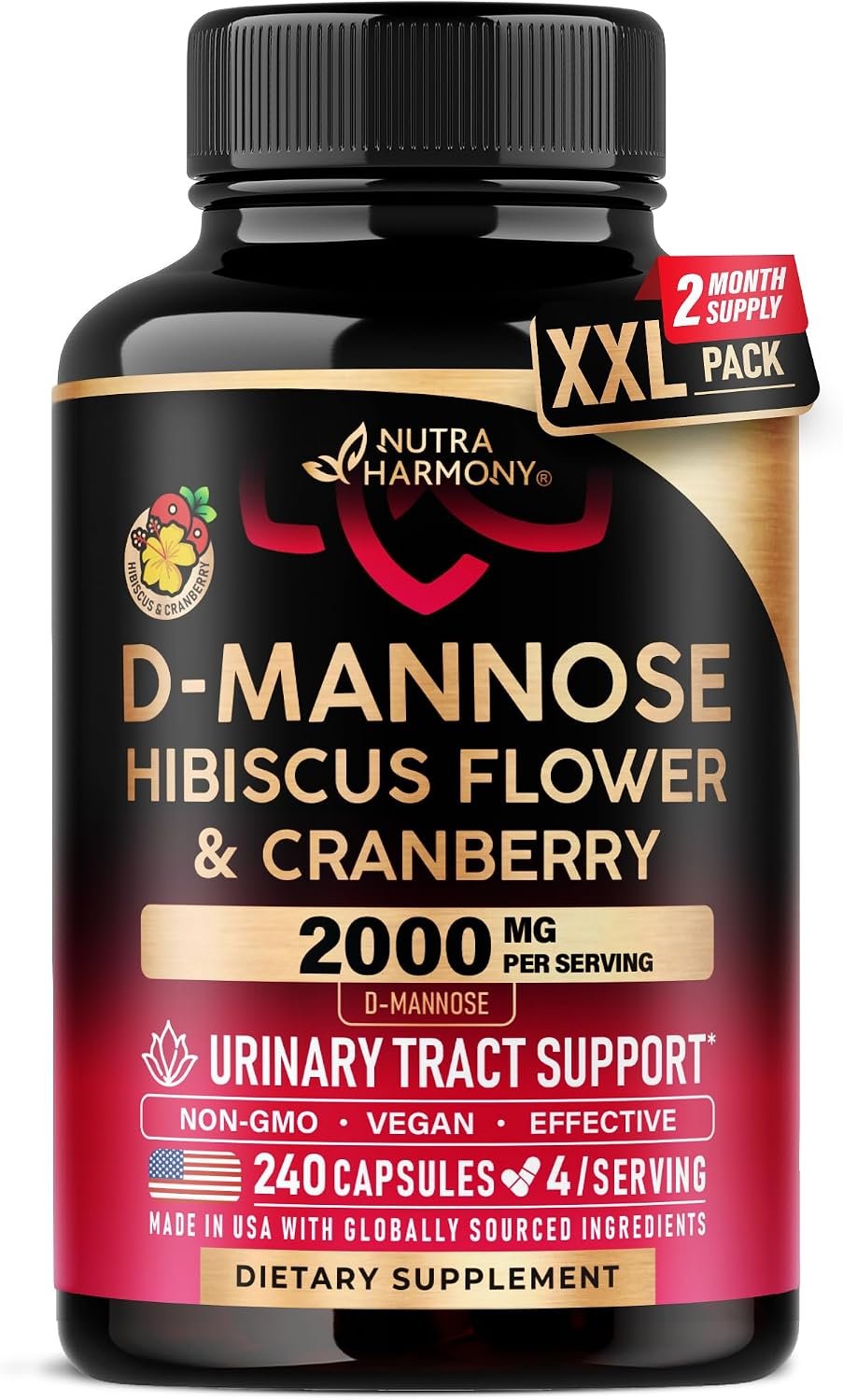 D-Mannose 2000mg w/ Cranberry & Hibiscus – Urinary Tract Health – 240 Caps