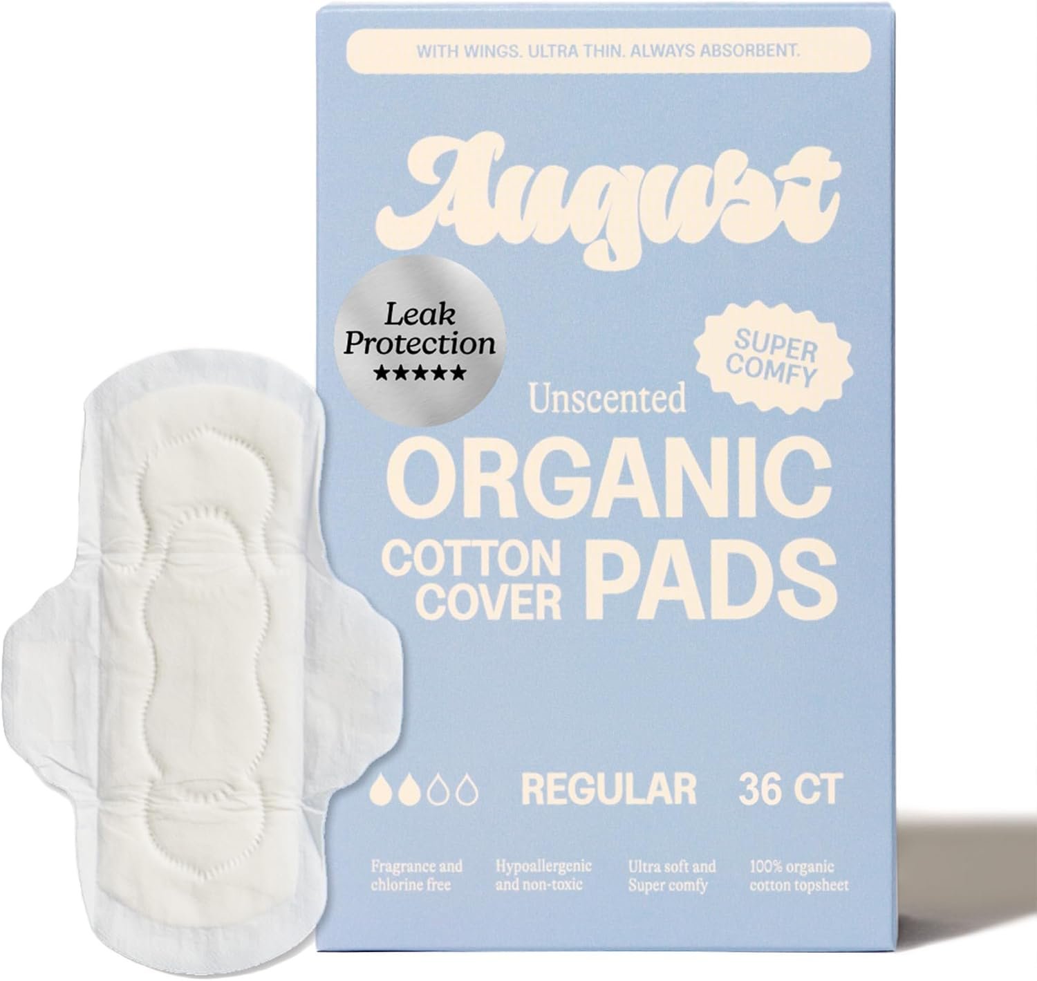 August Organic Pads for Women, 36-Pack Regular Organic Pads with Wings