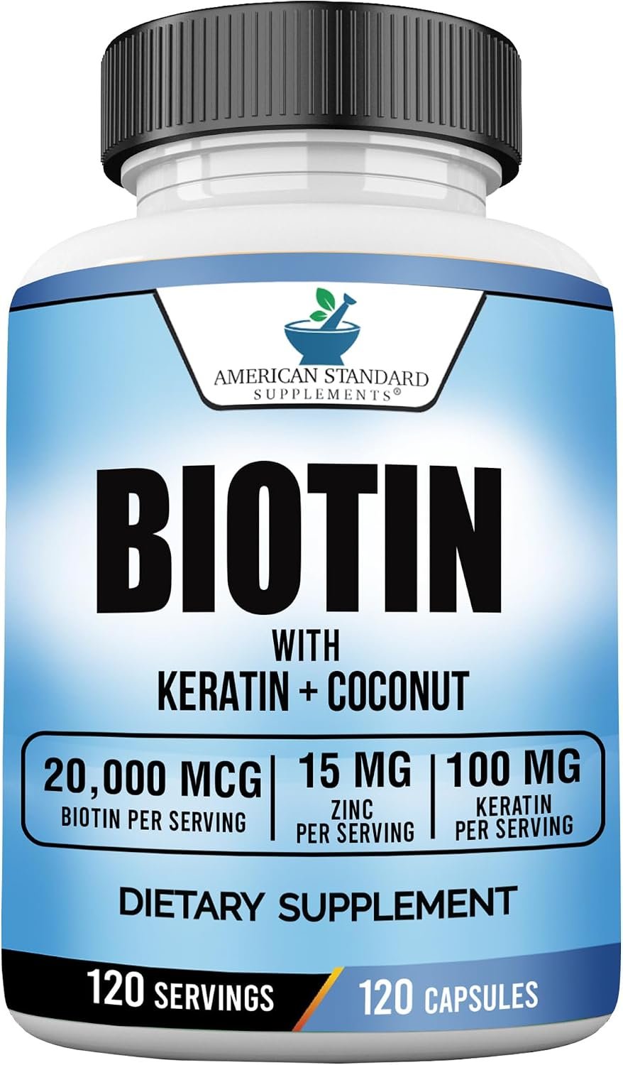 American Standard Supplements Biotin 20,000mcg with Keratin, Coconut Powder and Zinc, Biotin Supplement for Women and Men,120 Veggie Capsules, 120 Day Supply