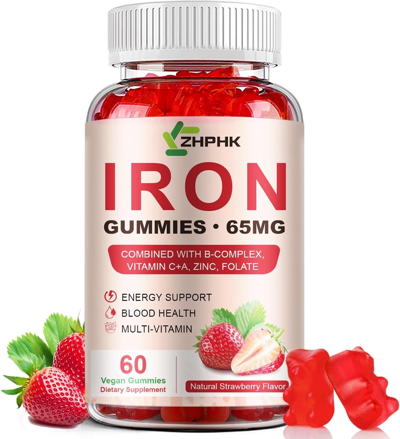 Iron Supplement Gummies, Iron Gummy with Folate Energy & Immune Support
