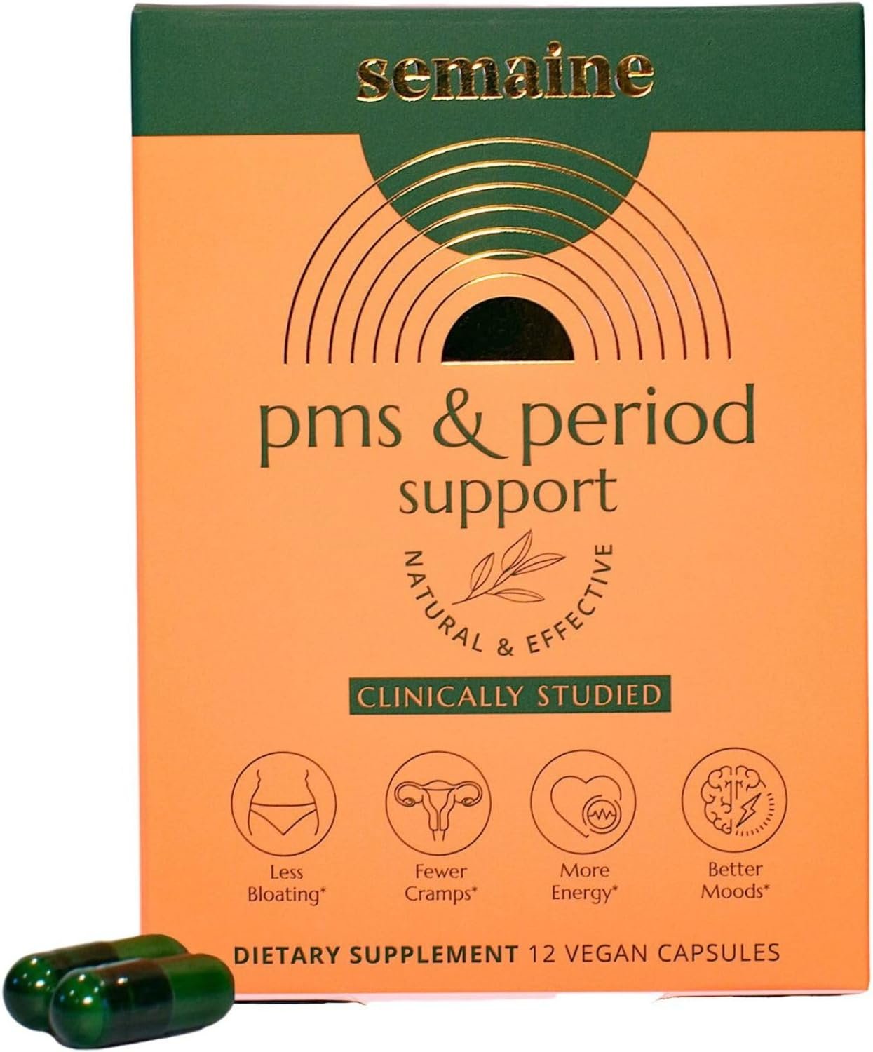 Semaine PMS Relief for Women, Period Cramp Relief, Period Cramps, Menstrual Cramps, PMS Support Supplement for Women, Bloating and Mood, Boswellia and Curcumin, 12 Capsules (Blister)