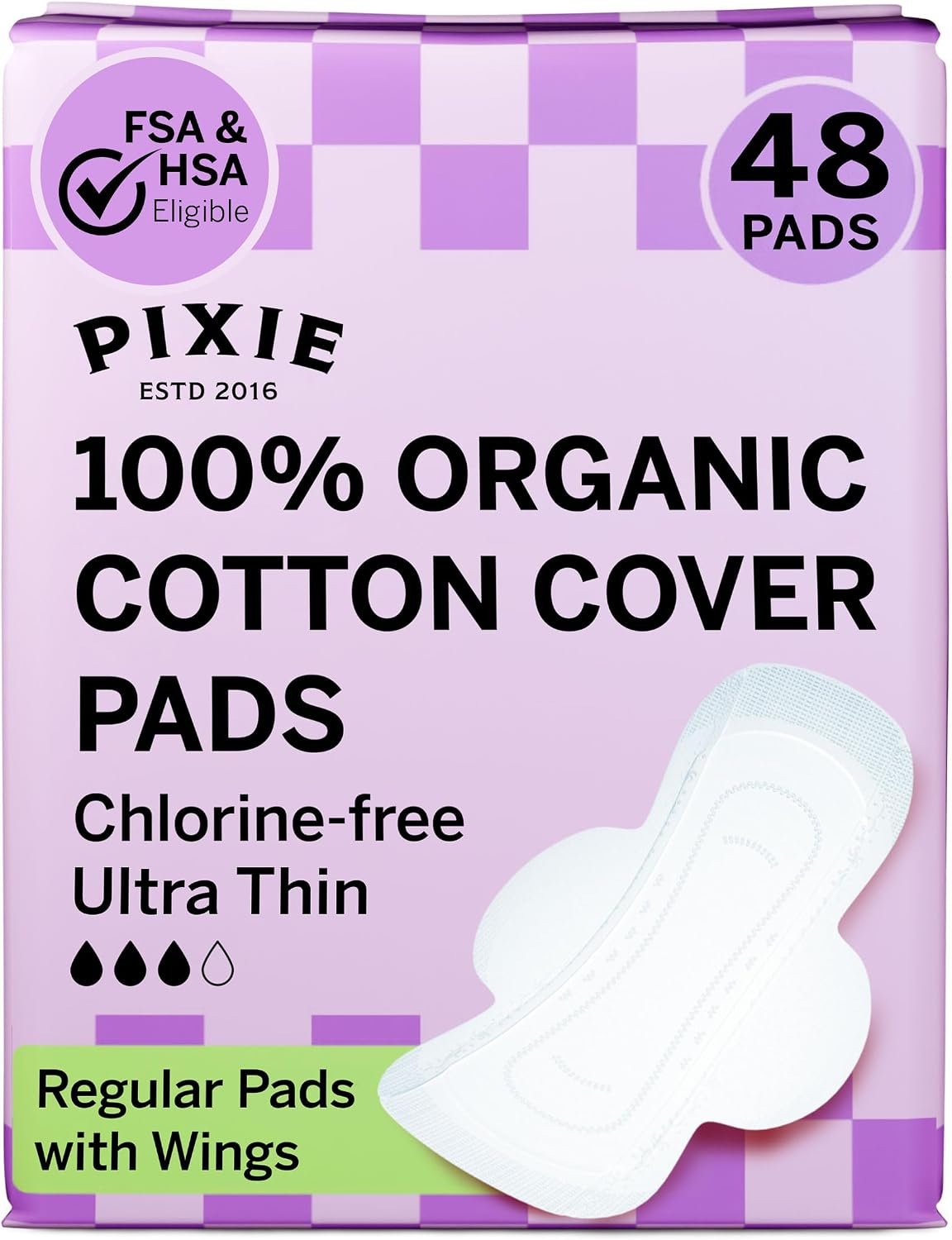 Pixie Organic Pads Ultra Thin Cotton with Wings for Women – Leak-Proof & Moisture-Wicking for Feminine Care – Compostable, Unscented Menstrual Pads – Regular Absorbency – FSA Eligible – 48 Count